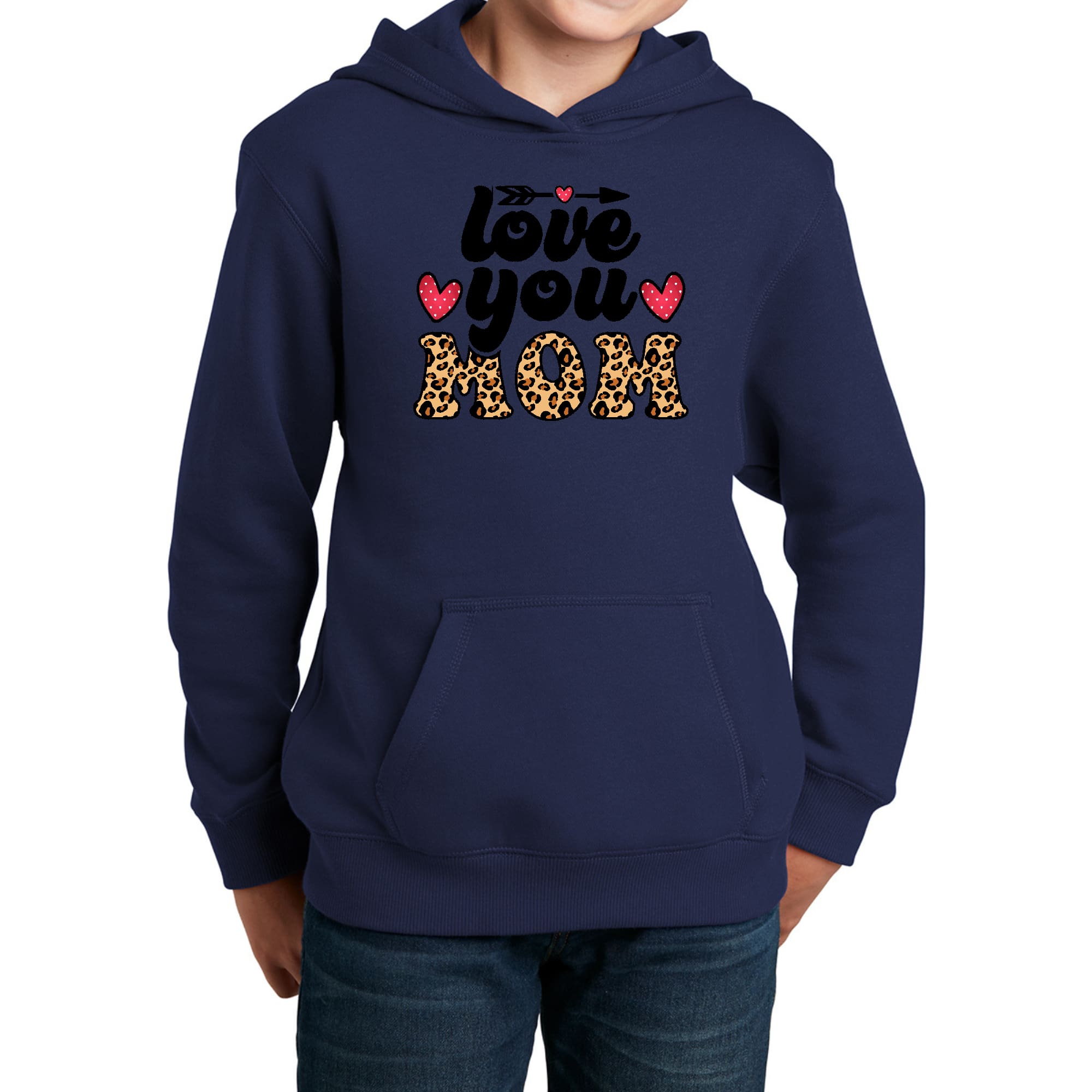 Youth long sleeve hoodie featuring a leopard print design with 'Love You Mom' graphic, perfect for girls.