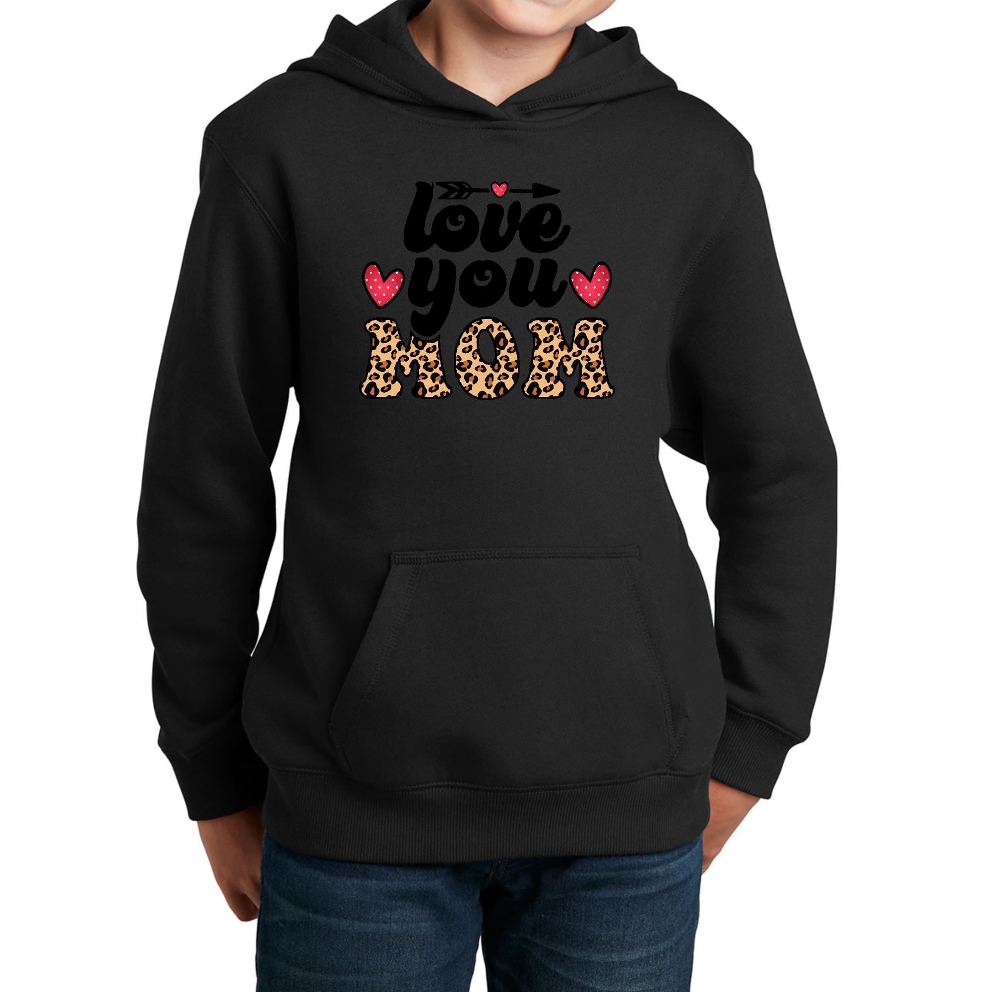 Youth long sleeve hoodie featuring a leopard print design with 'Love You Mom' graphic, perfect for girls.