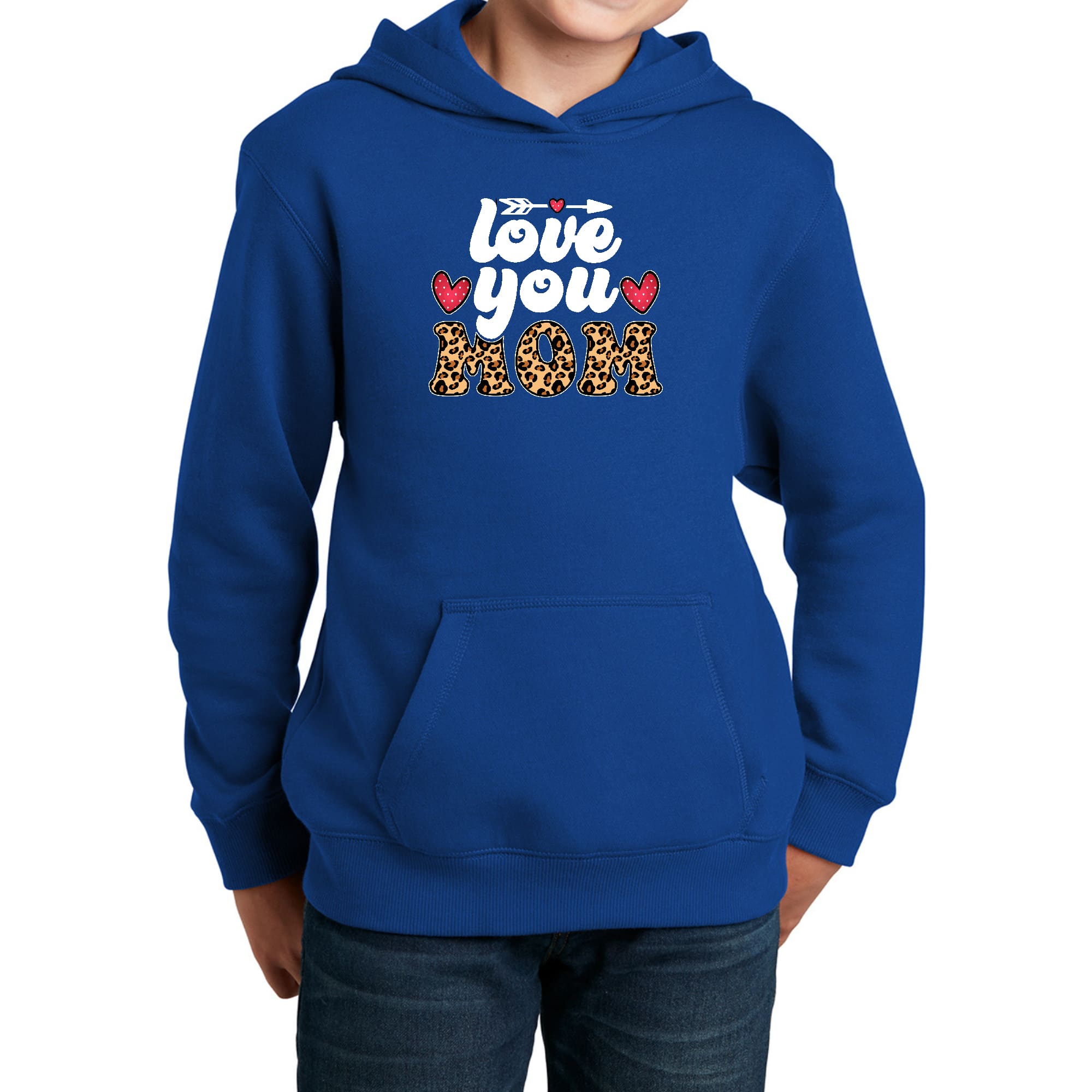Youth long sleeve hoodie featuring leopard print and 'Love You Mom' graphic, perfect for Mother's Day gifts.