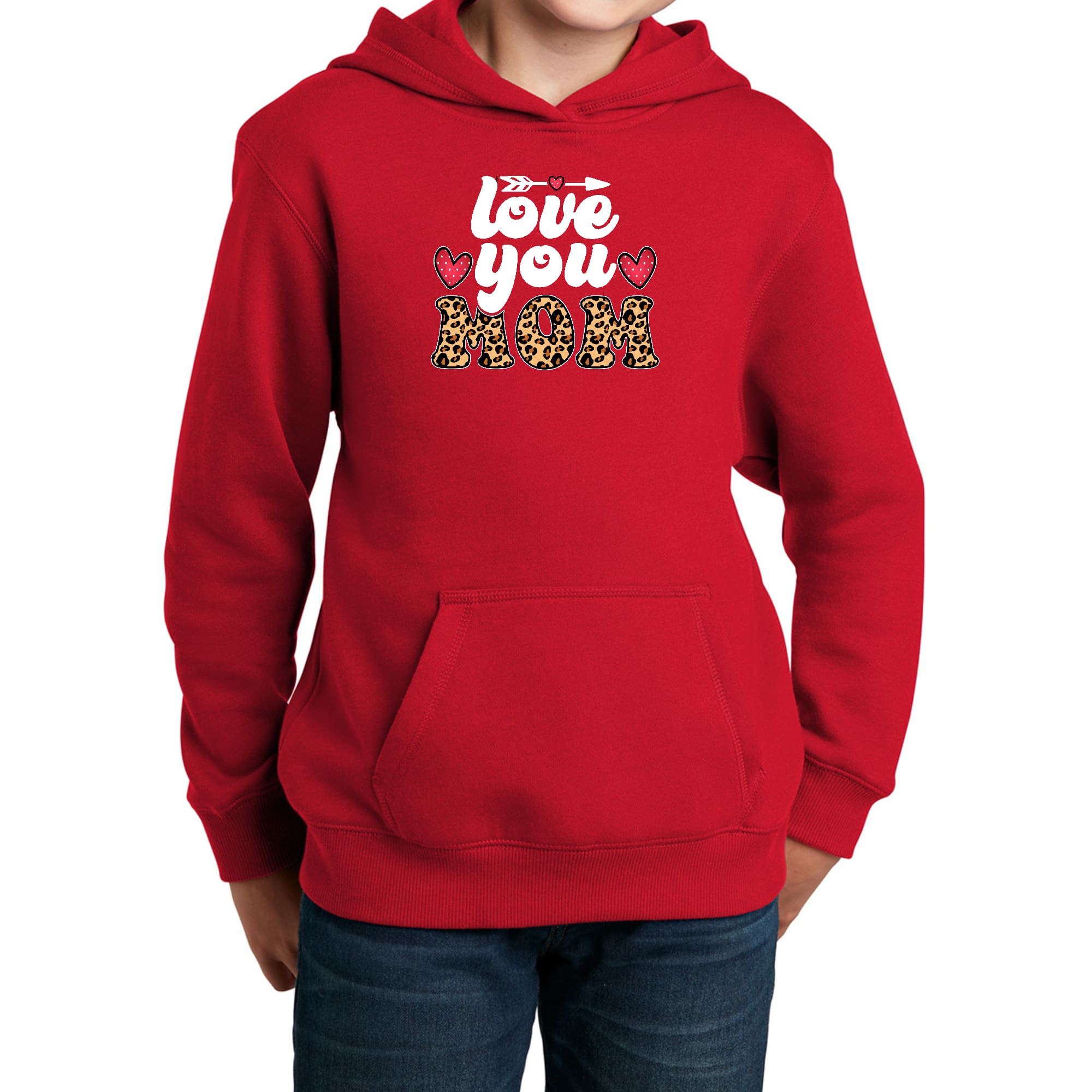 Youth long sleeve hoodie featuring leopard print and 'Love You Mom' graphic, perfect for Mother's Day gifts.