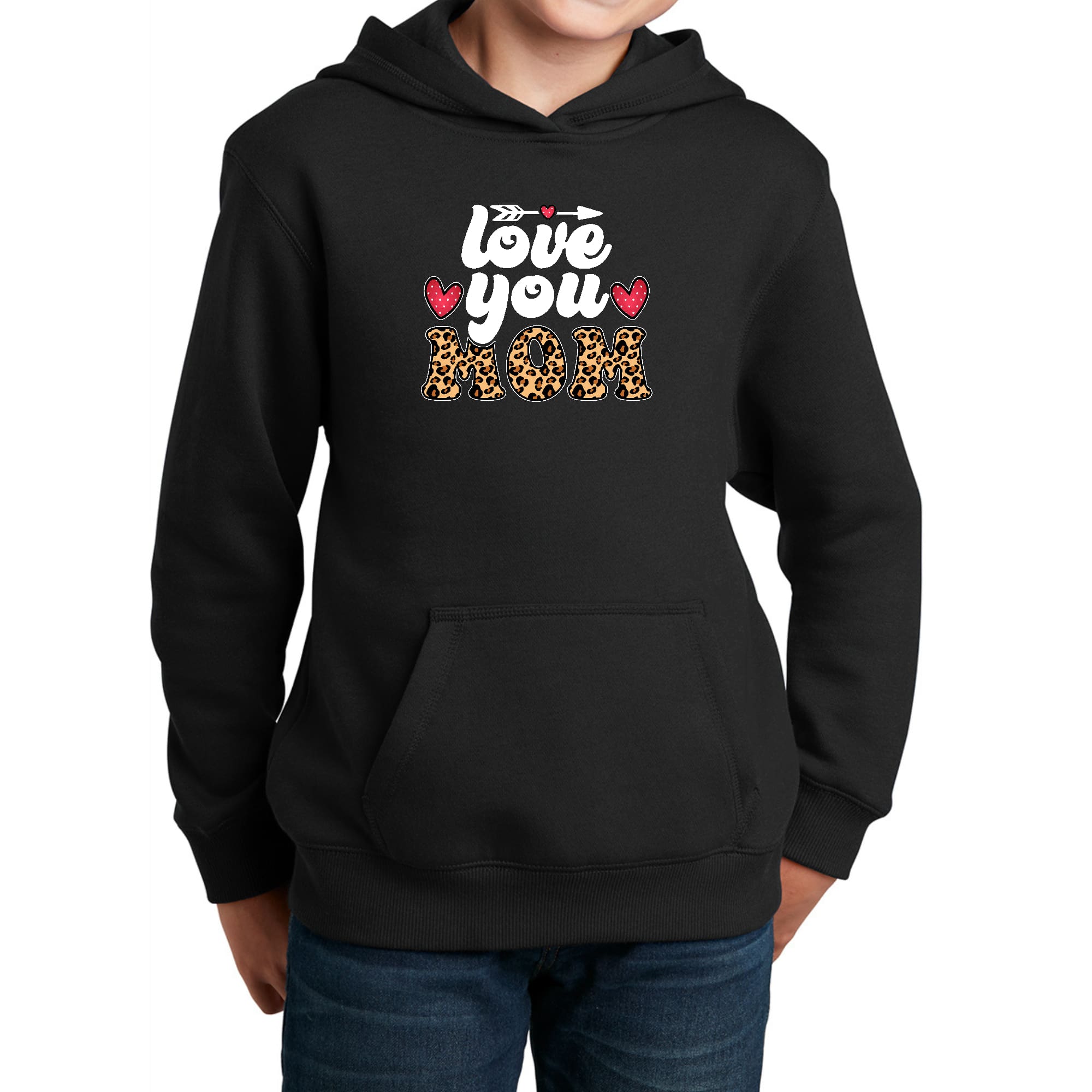 Youth long sleeve hoodie featuring leopard print and 'Love You Mom' graphic, perfect for Mother's Day gifts.