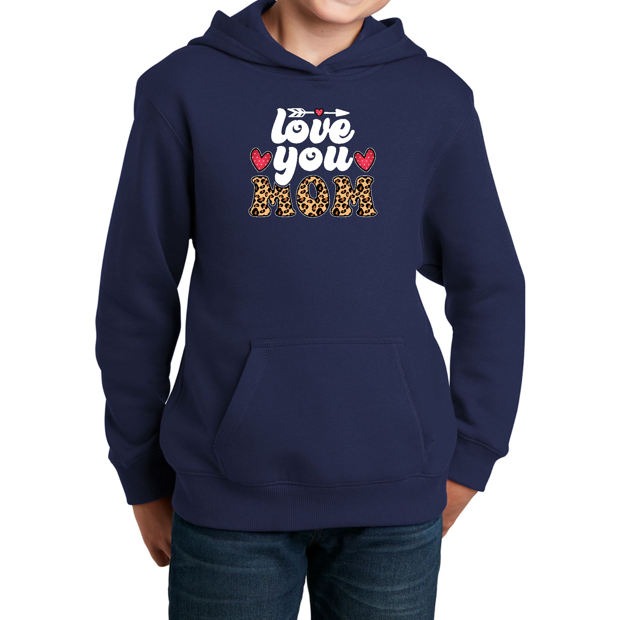 Youth long sleeve hoodie featuring leopard print and 'Love You Mom' graphic, perfect for Mother's Day gifts.