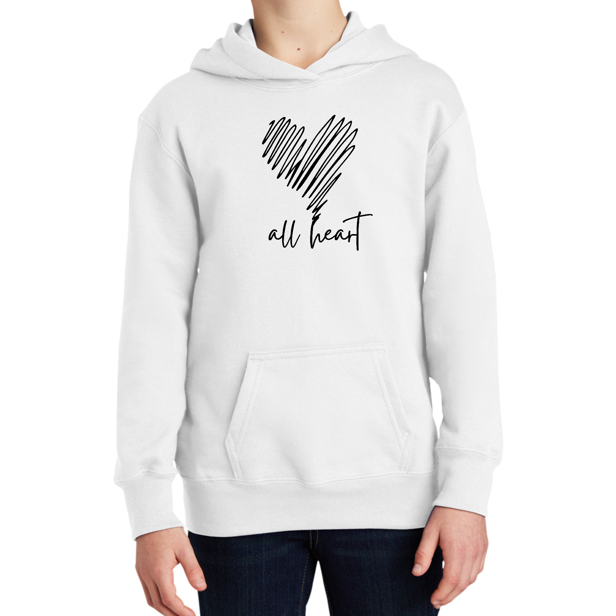 Youth Long Sleeve Hoodie featuring Say It Soul, All Heart Line Art design, showcasing a creative and stylish look for young individuals.