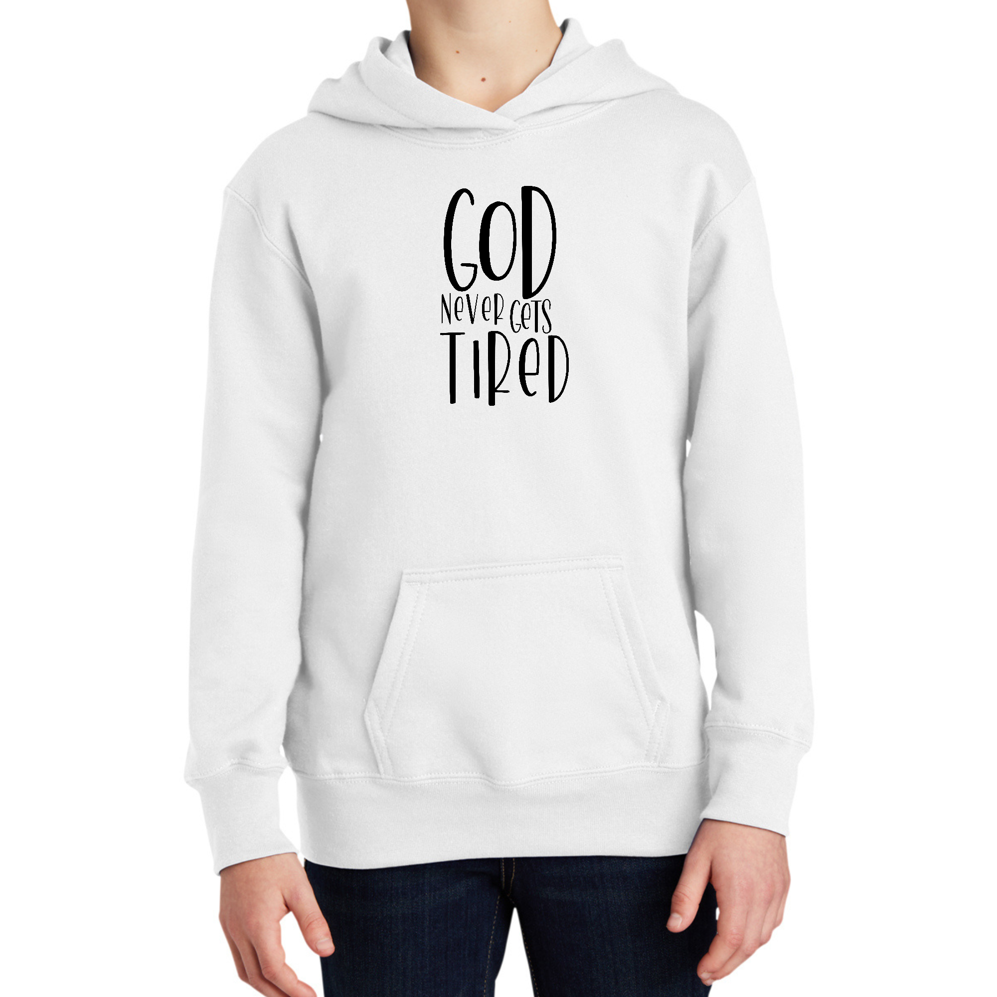 Youth Long Sleeve Hoodie in black featuring the graphic 'God Never Gets Tired', designed for comfort and style.