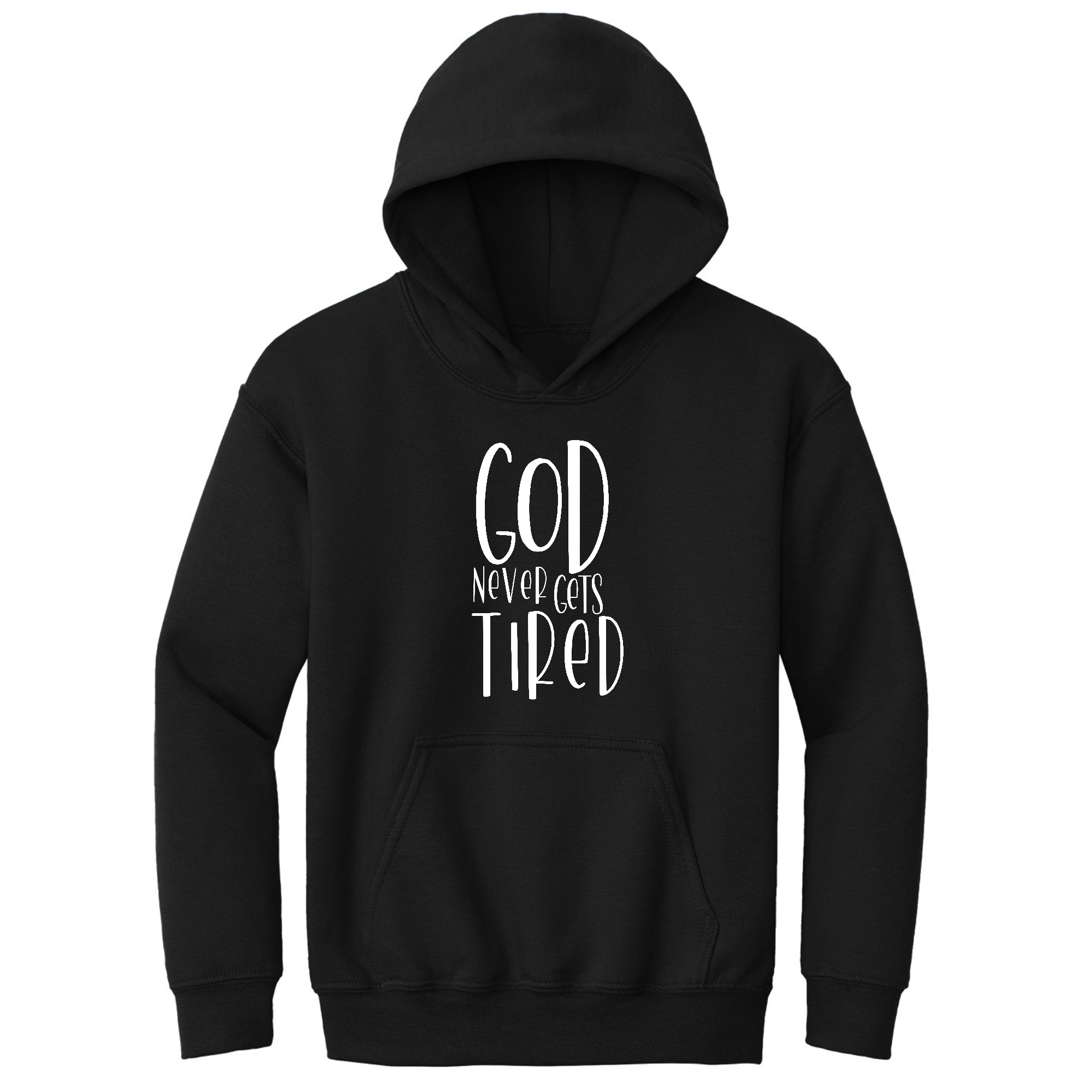 Youth long sleeve hoodie featuring the graphic 'God Never Gets Tired' with drawstring neckline and comfortable fit.