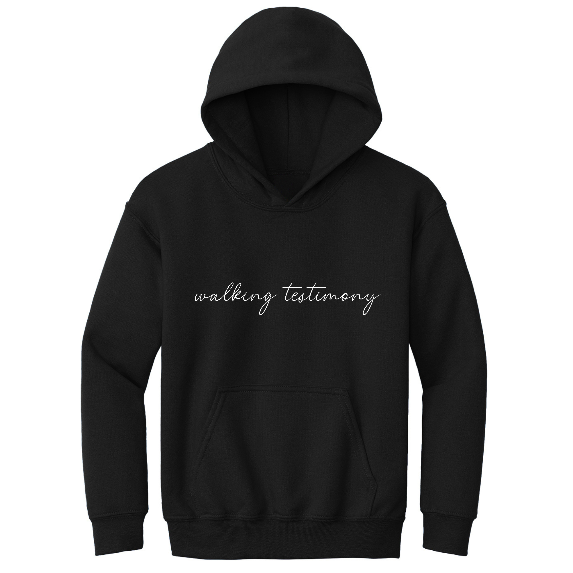 Youth Long Sleeve Hoodie featuring 'Say It Soul, Walking Testimony' graphic design, showcasing a comfortable and stylish fit.