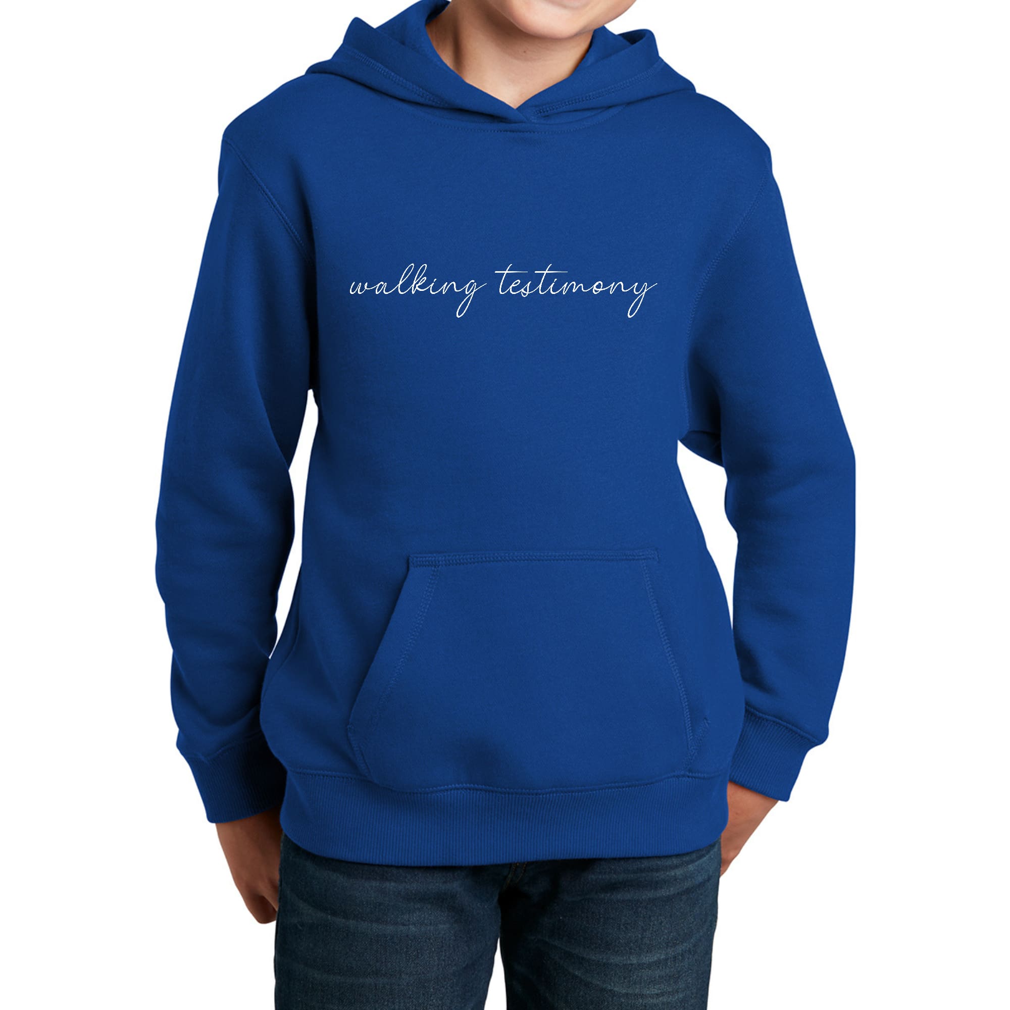 Youth Long Sleeve Hoodie featuring 'Say It Soul, Walking Testimony' graphic design, showcasing a comfortable and stylish fit.