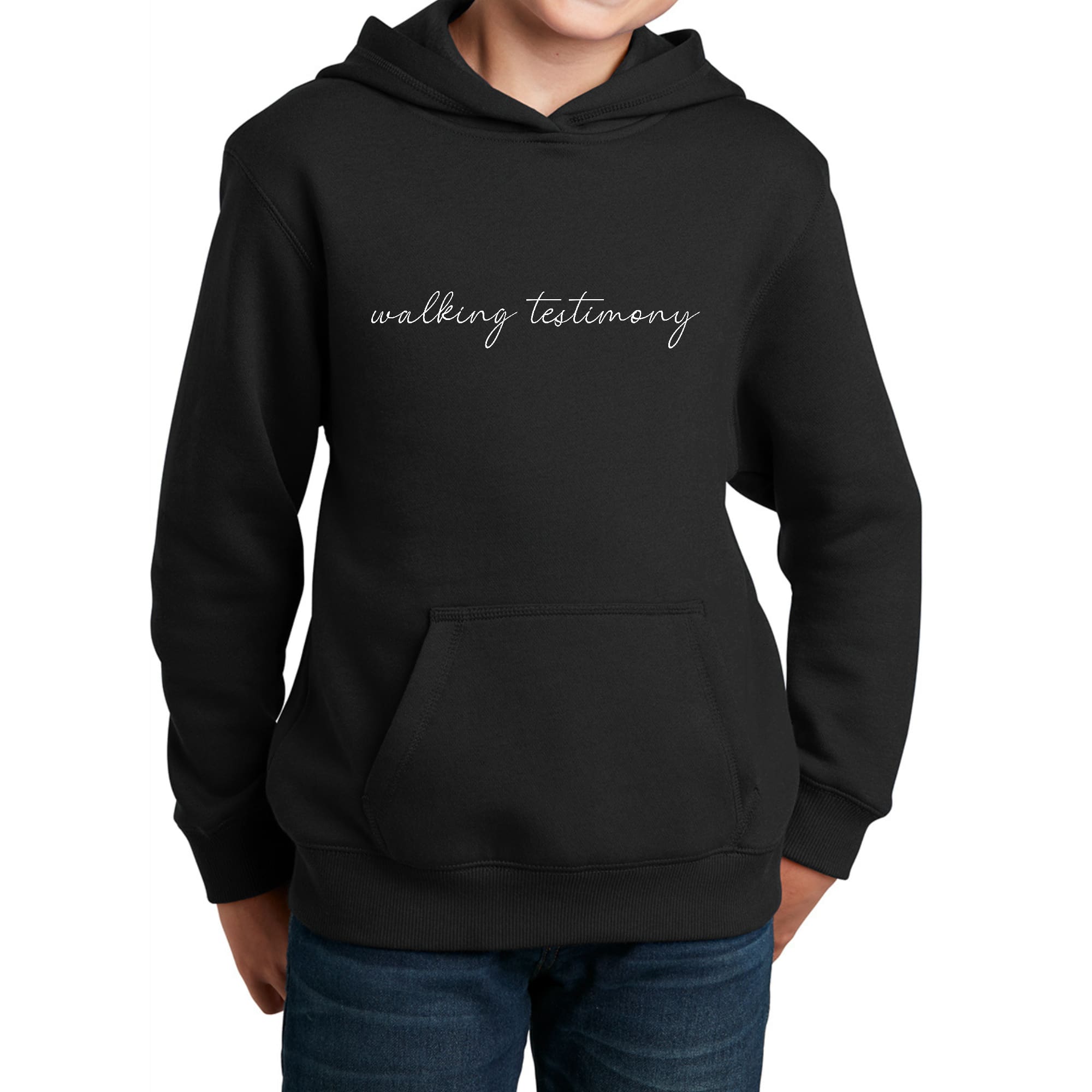 Youth Long Sleeve Hoodie featuring 'Say It Soul, Walking Testimony' graphic design, showcasing a comfortable and stylish fit.
