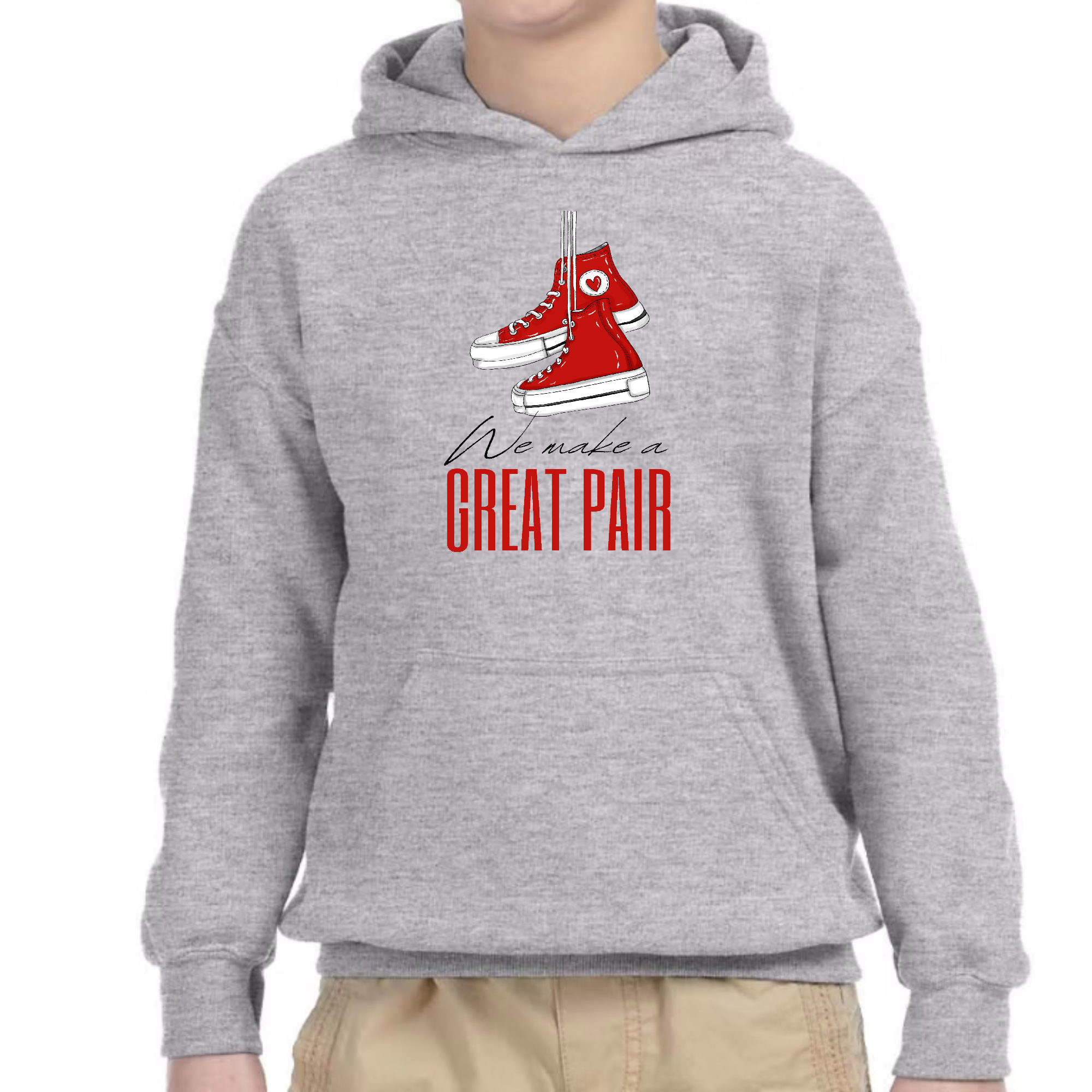 Youth Long Sleeve Hoodie featuring 'Say it Soul, we Make a Great Pair' graphic design, showcasing a comfortable fit and stylish look.