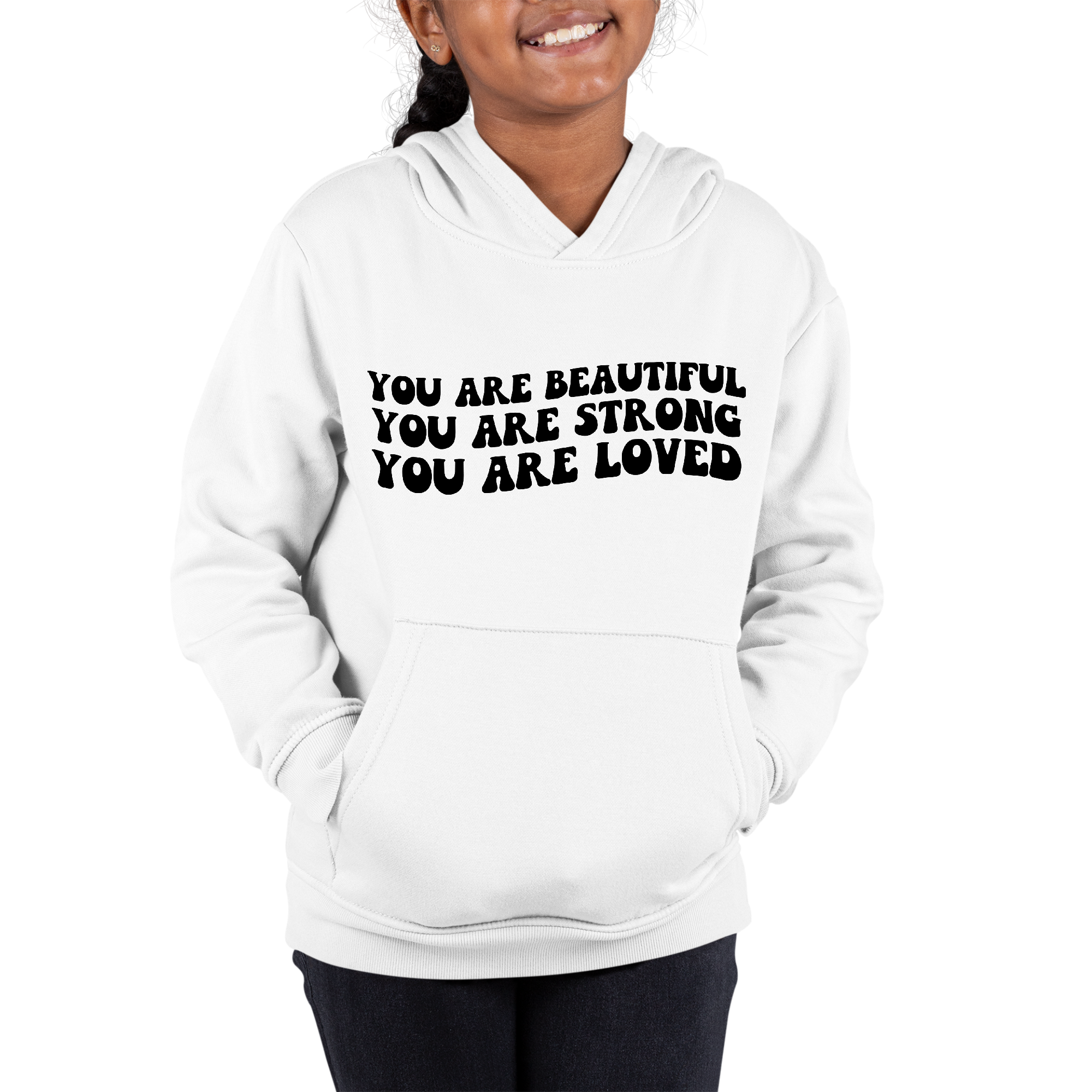 Youth long sleeve hoodie featuring a black illustration with the quote 'You Are Beautiful Strong Loved', designed for girls.
