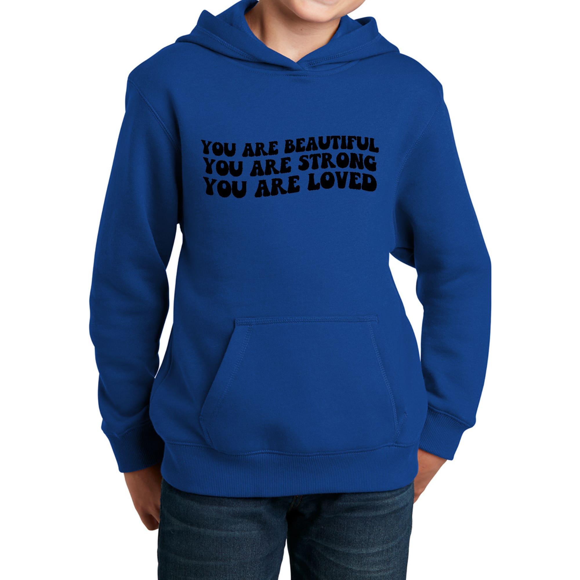 Youth long sleeve hoodie featuring a black illustration with the quote 'You Are Beautiful Strong Loved', designed for girls.