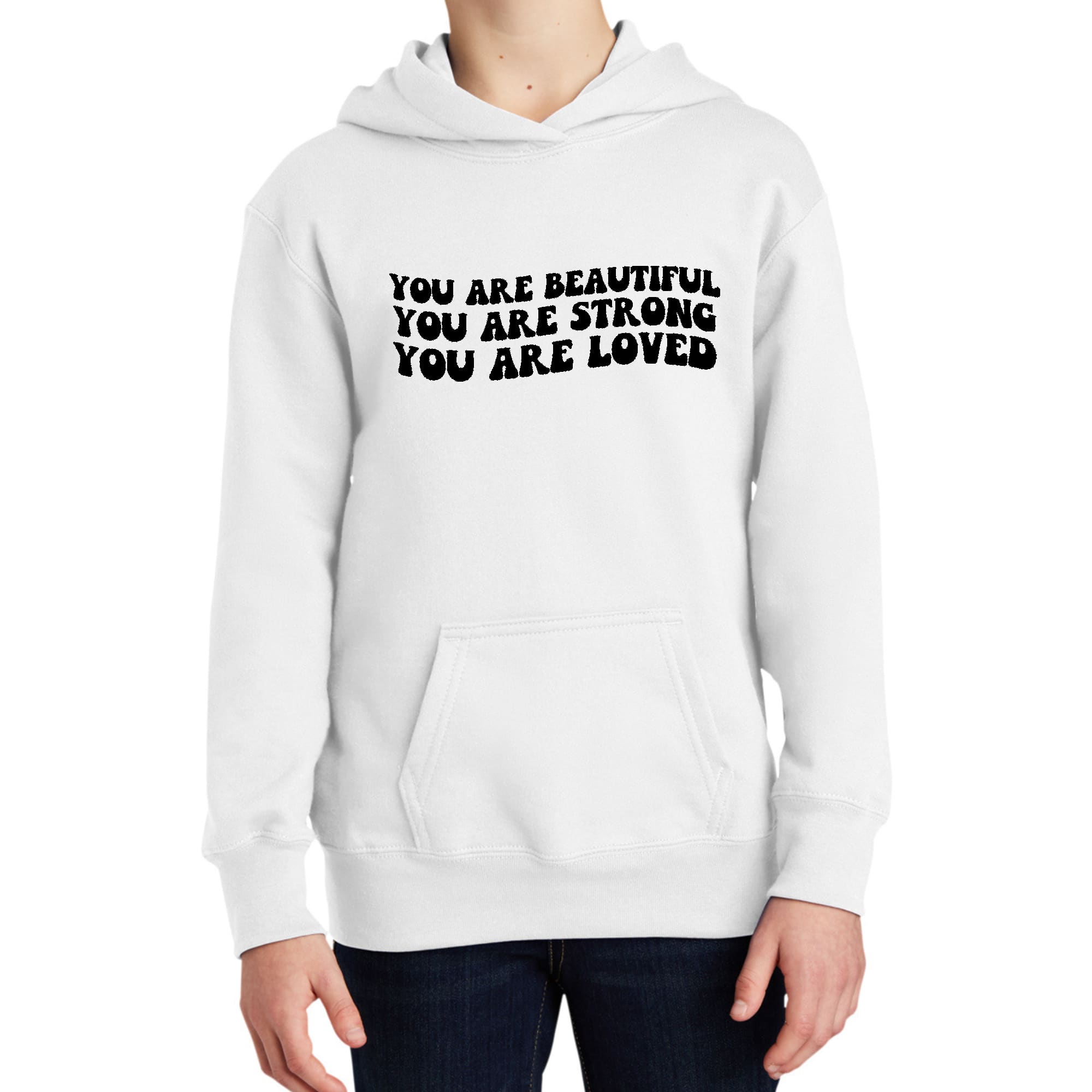 Youth long sleeve hoodie featuring a black illustration with the quote 'You Are Beautiful Strong Loved', designed for girls.