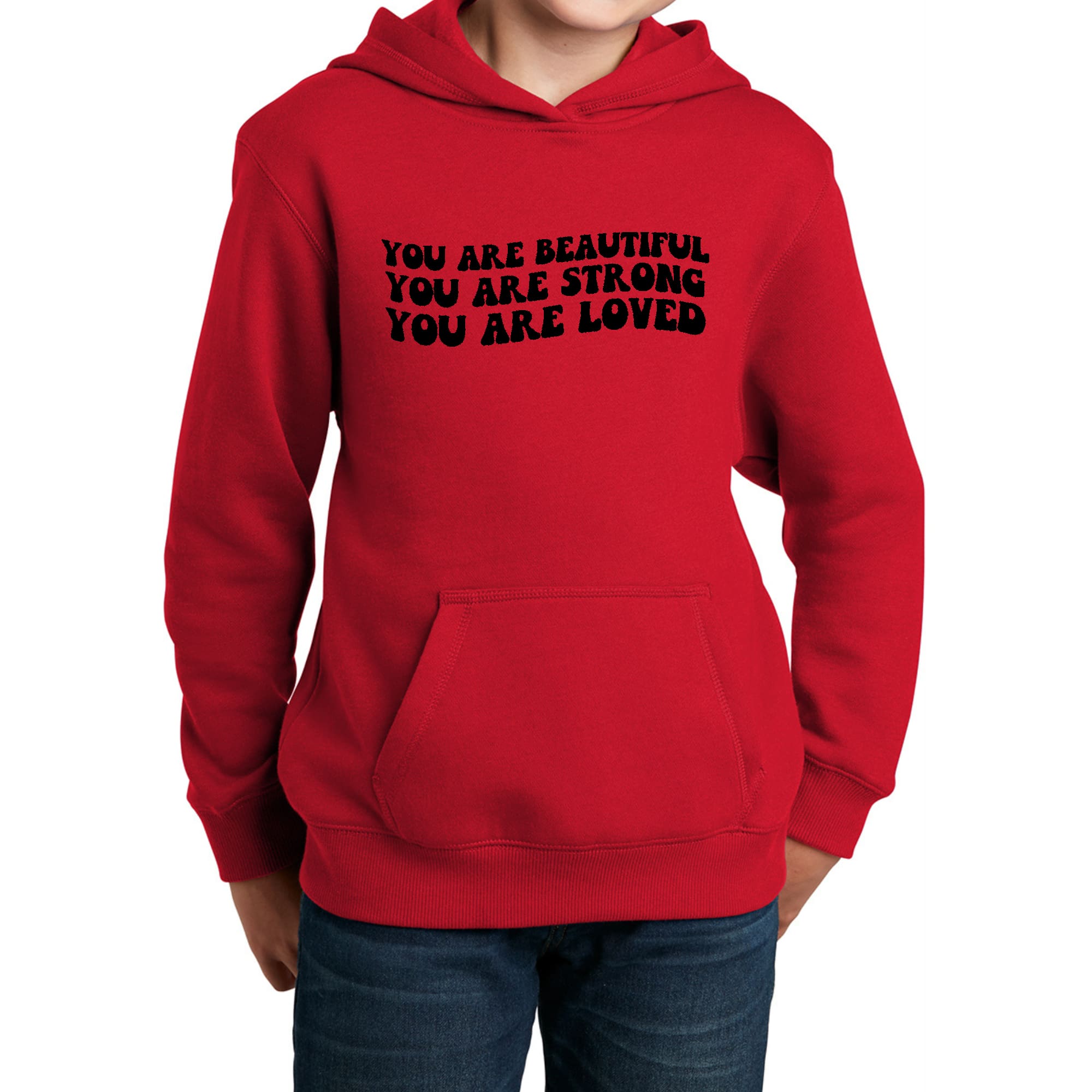 Youth long sleeve hoodie featuring a black illustration with the quote 'You Are Beautiful Strong Loved', designed for girls.