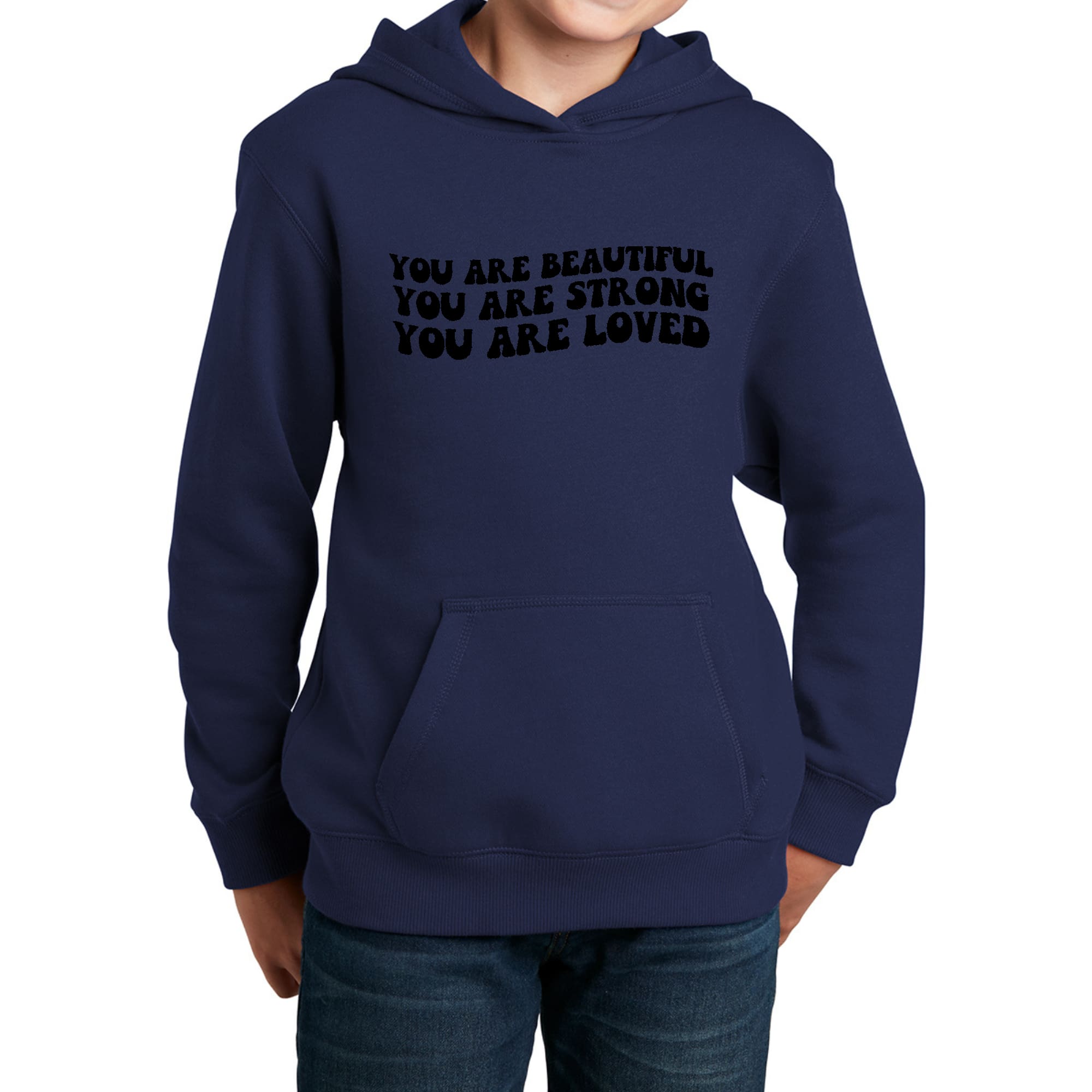 Youth long sleeve hoodie featuring a black illustration with the quote 'You Are Beautiful Strong Loved', designed for girls.