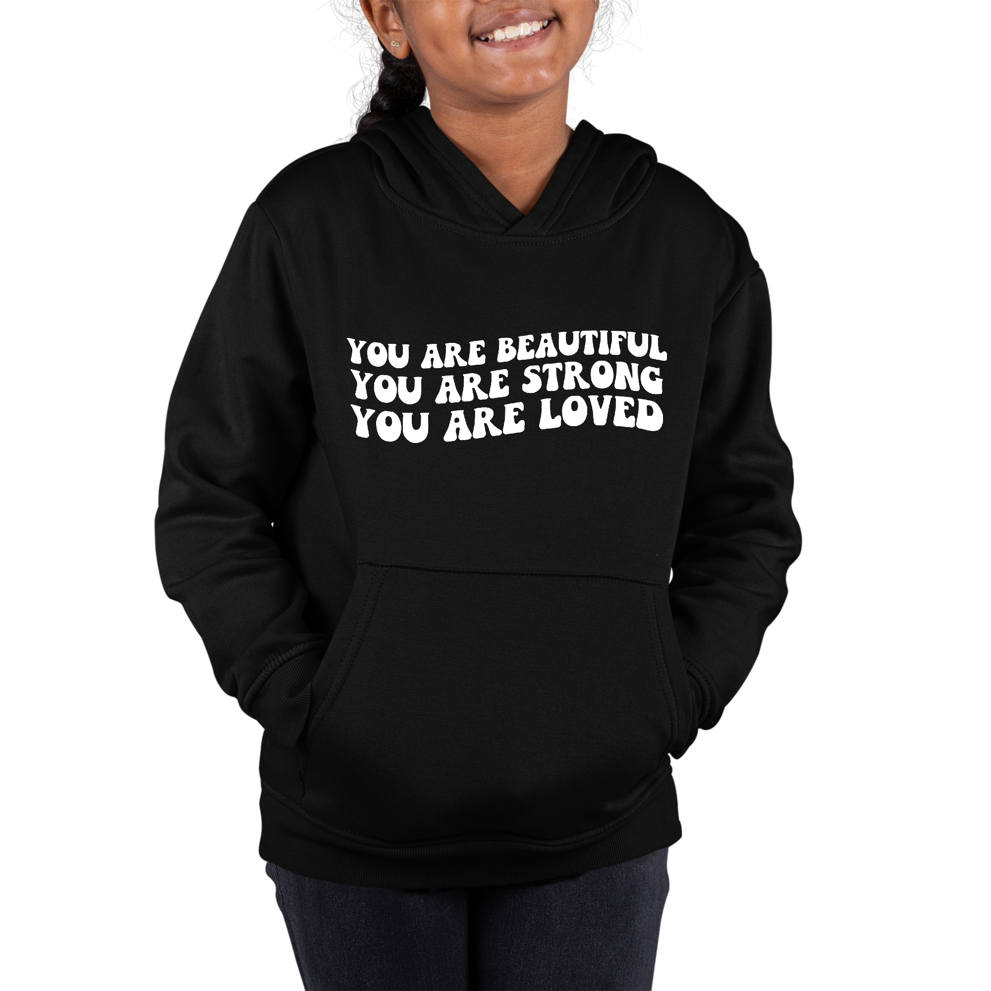 Youth long sleeve hoodie featuring the inspirational text 'You Are Beautiful Strong Loved' in a stylish design, perfect for girls.