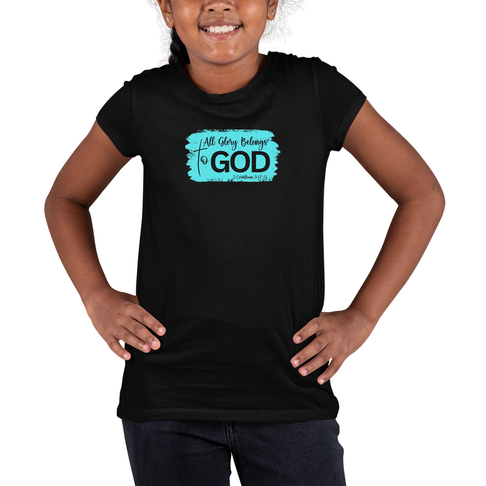 Youth Short Sleeve Graphic T-shirt in cyan color with 'All Glory Belongs to God' design, made from soft preshrunk cotton.