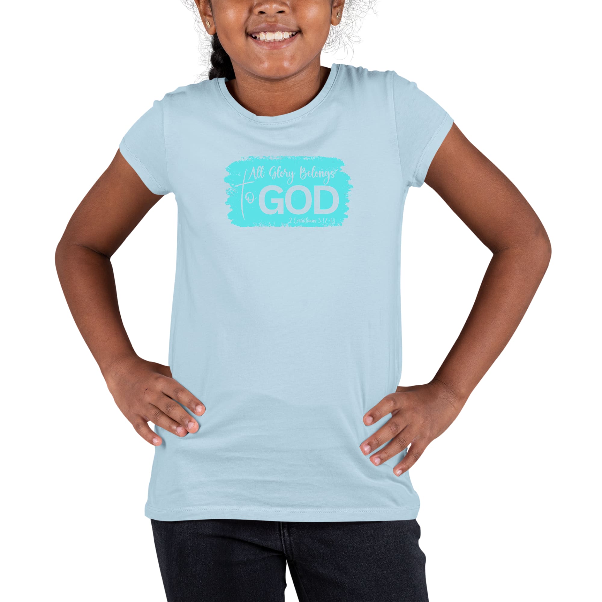 Youth Short Sleeve Graphic T-shirt in cyan color with 'All Glory Belongs to God' design, made from soft preshrunk cotton.