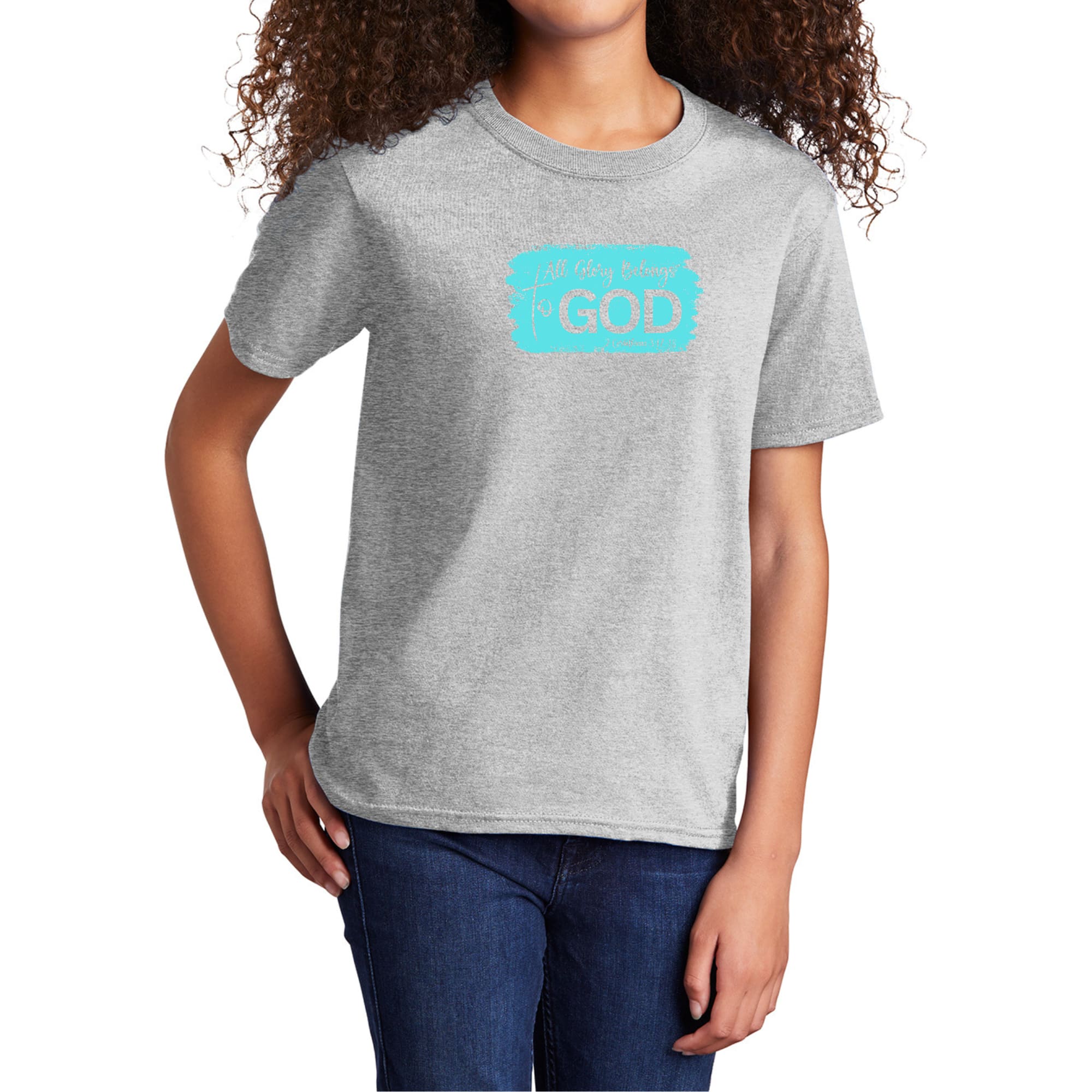 Youth Short Sleeve Graphic T-shirt in cyan color with 'All Glory Belongs to God' design, made from soft preshrunk cotton.