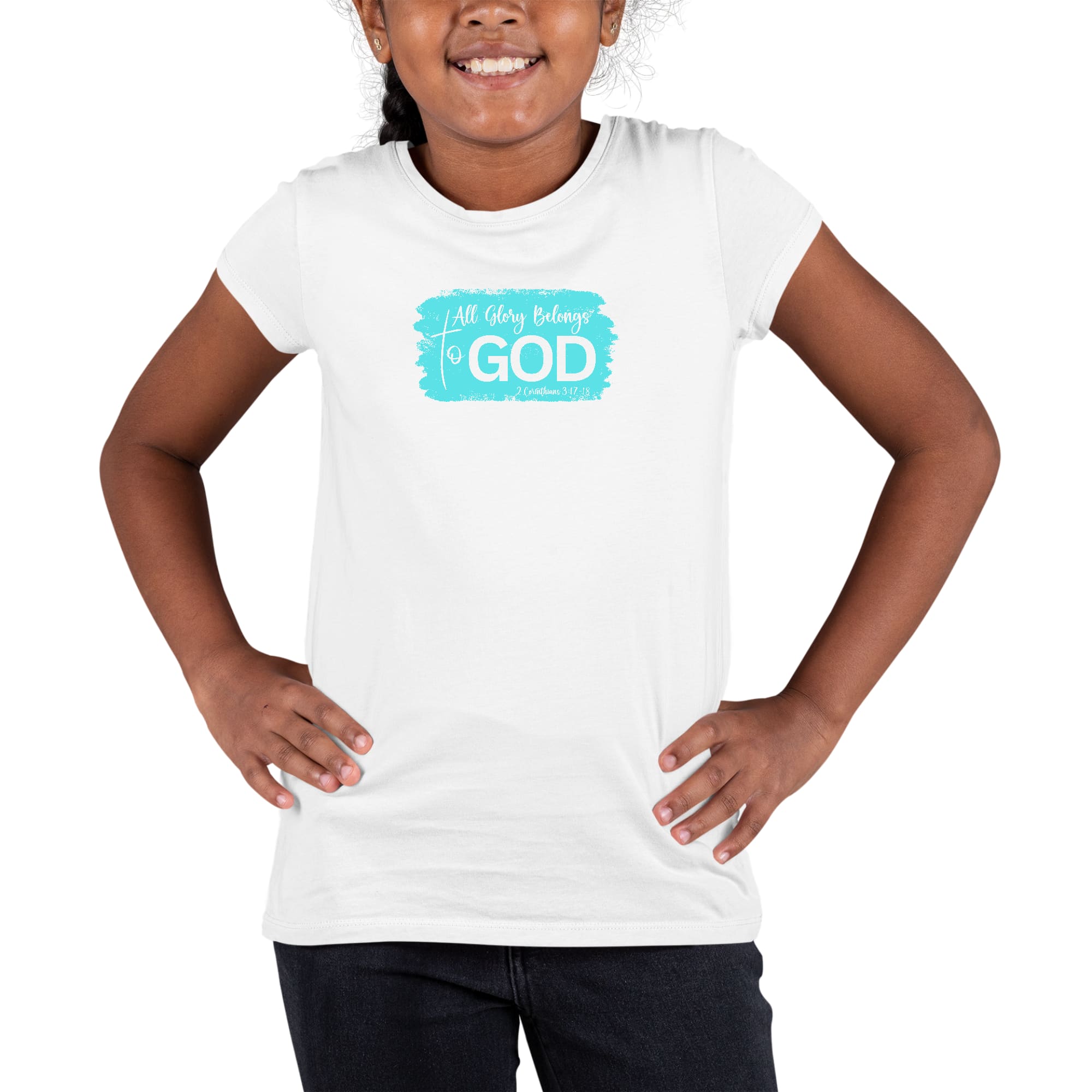 Youth Short Sleeve Graphic T-shirt in cyan color with 'All Glory Belongs to God' design, made from soft preshrunk cotton.