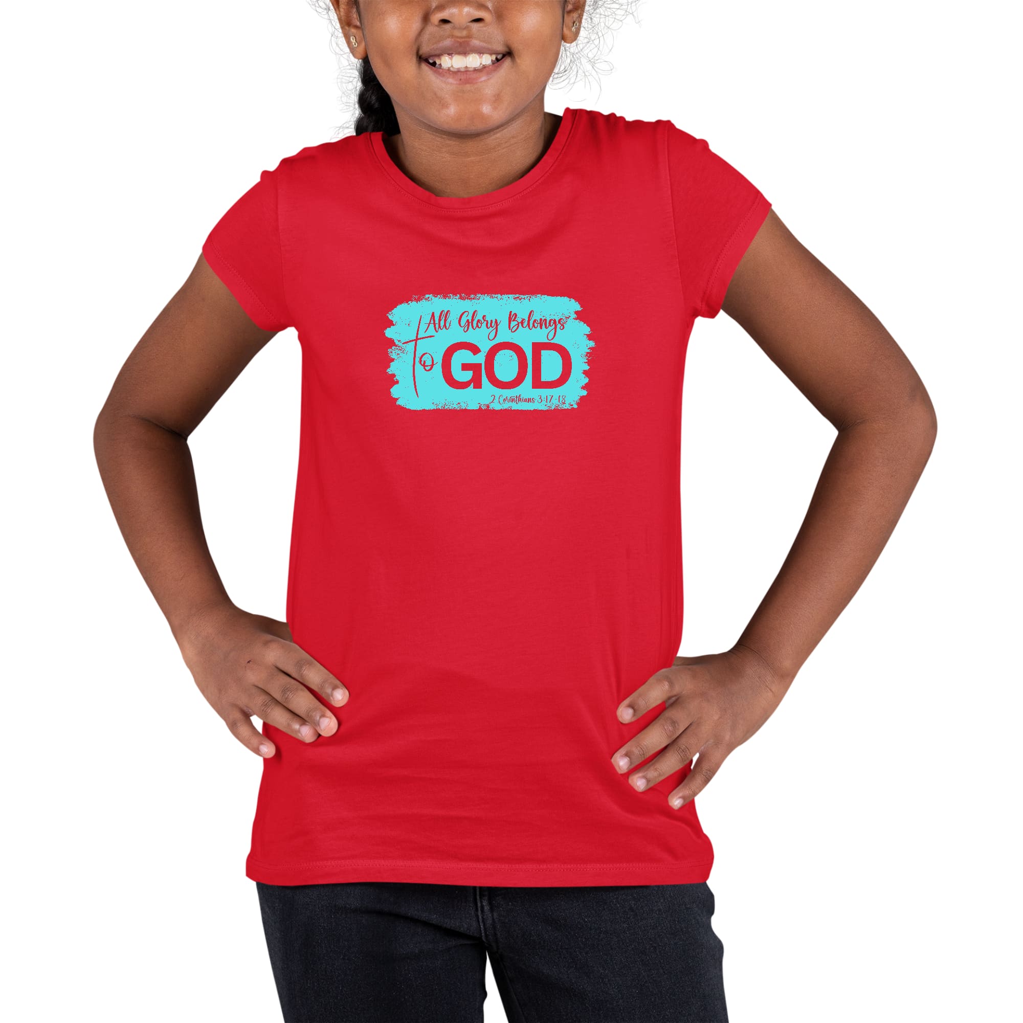 Youth Short Sleeve Graphic T-shirt in cyan color with 'All Glory Belongs to God' design, made from soft preshrunk cotton.