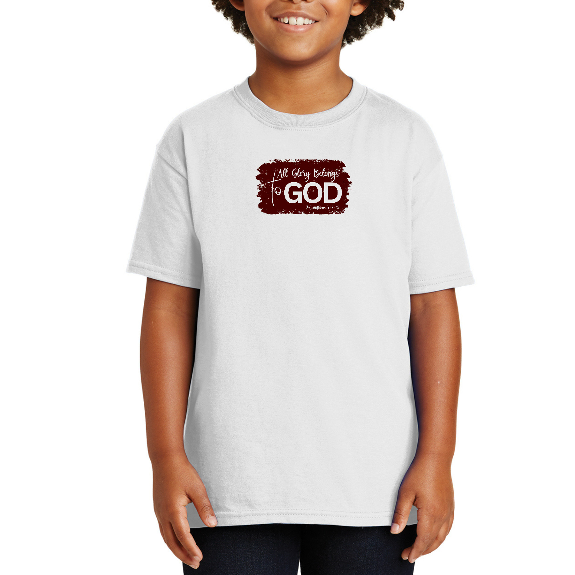 Youth Short Sleeve Graphic T-shirt in maroon with 'All Glory Belongs to God' Christian illustration, showcasing a comfortable and stylish design.