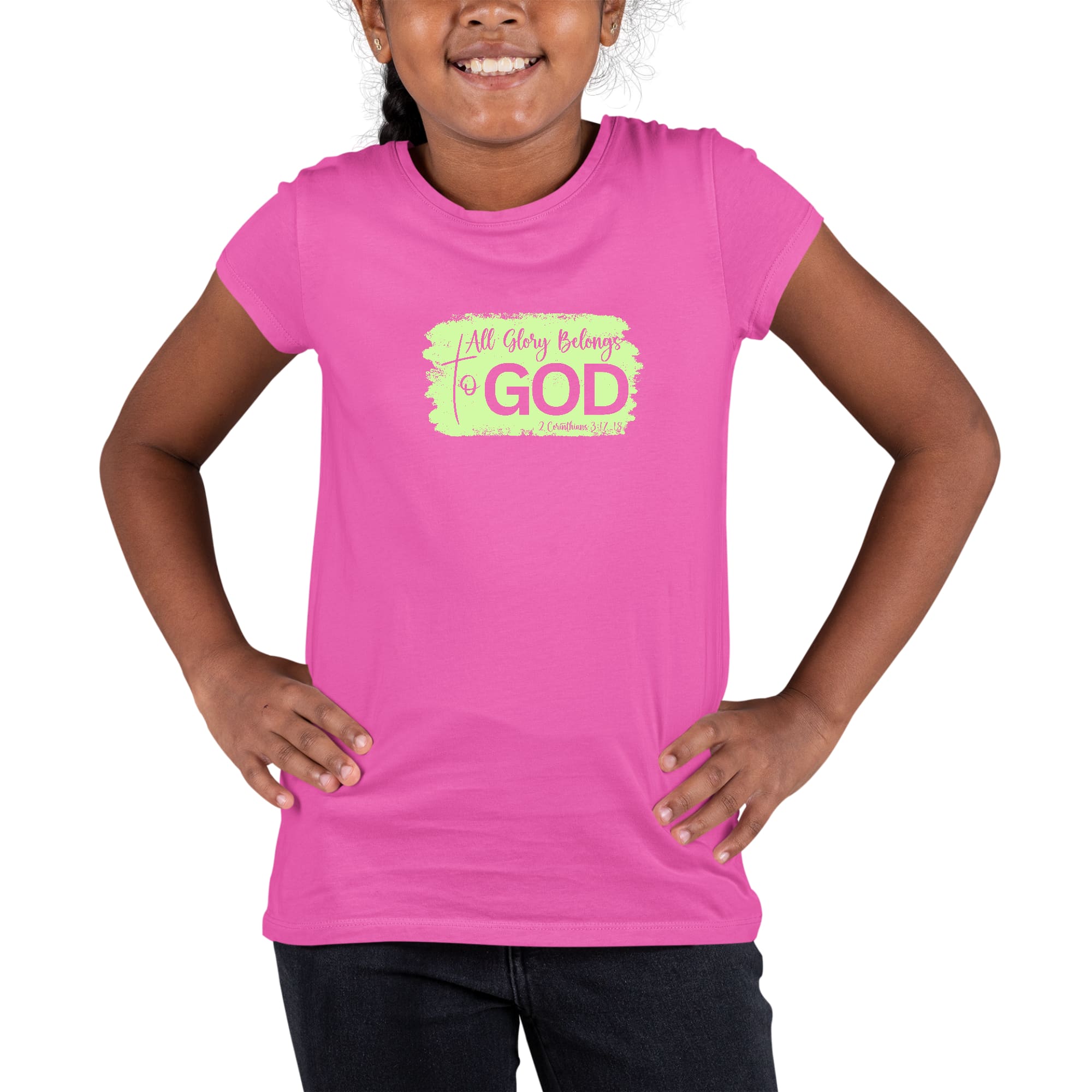 Youth Short Sleeve Graphic T-shirt featuring 'All Glory Belongs to God' neon illustration, made from soft preshrunk cotton.