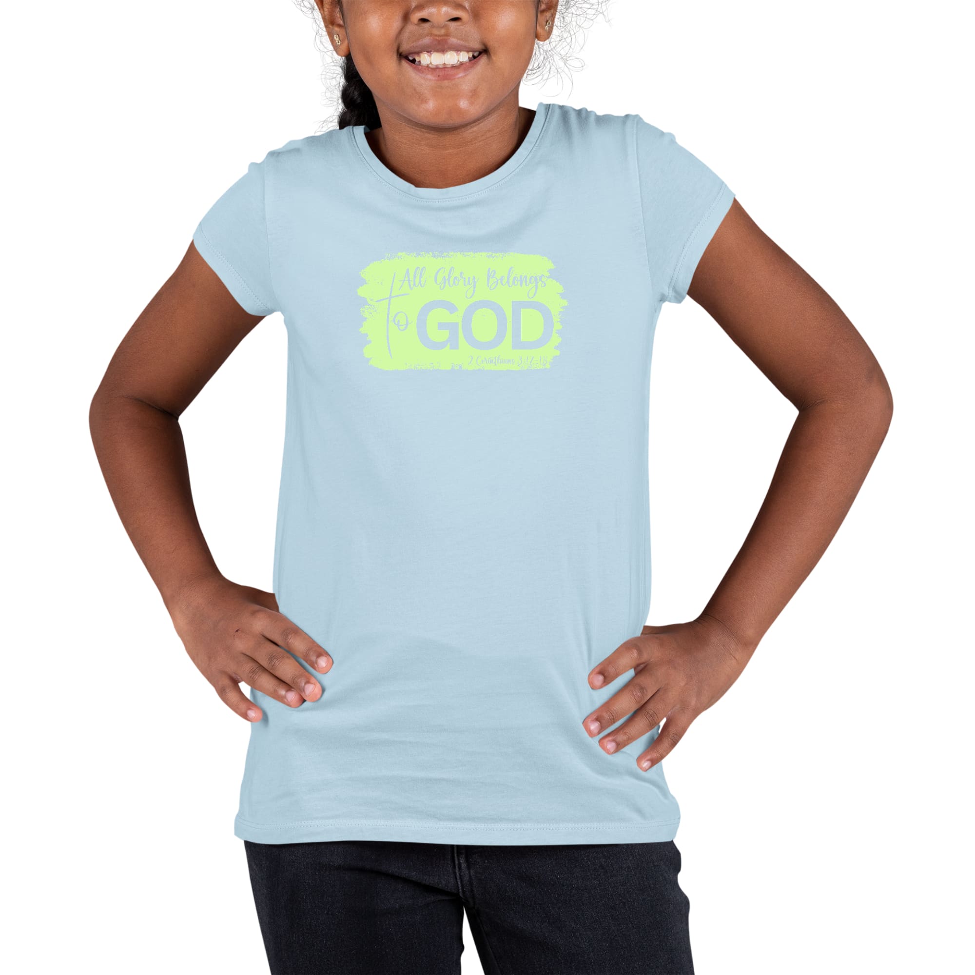 Youth Short Sleeve Graphic T-shirt featuring 'All Glory Belongs to God' neon illustration, made from soft preshrunk cotton.