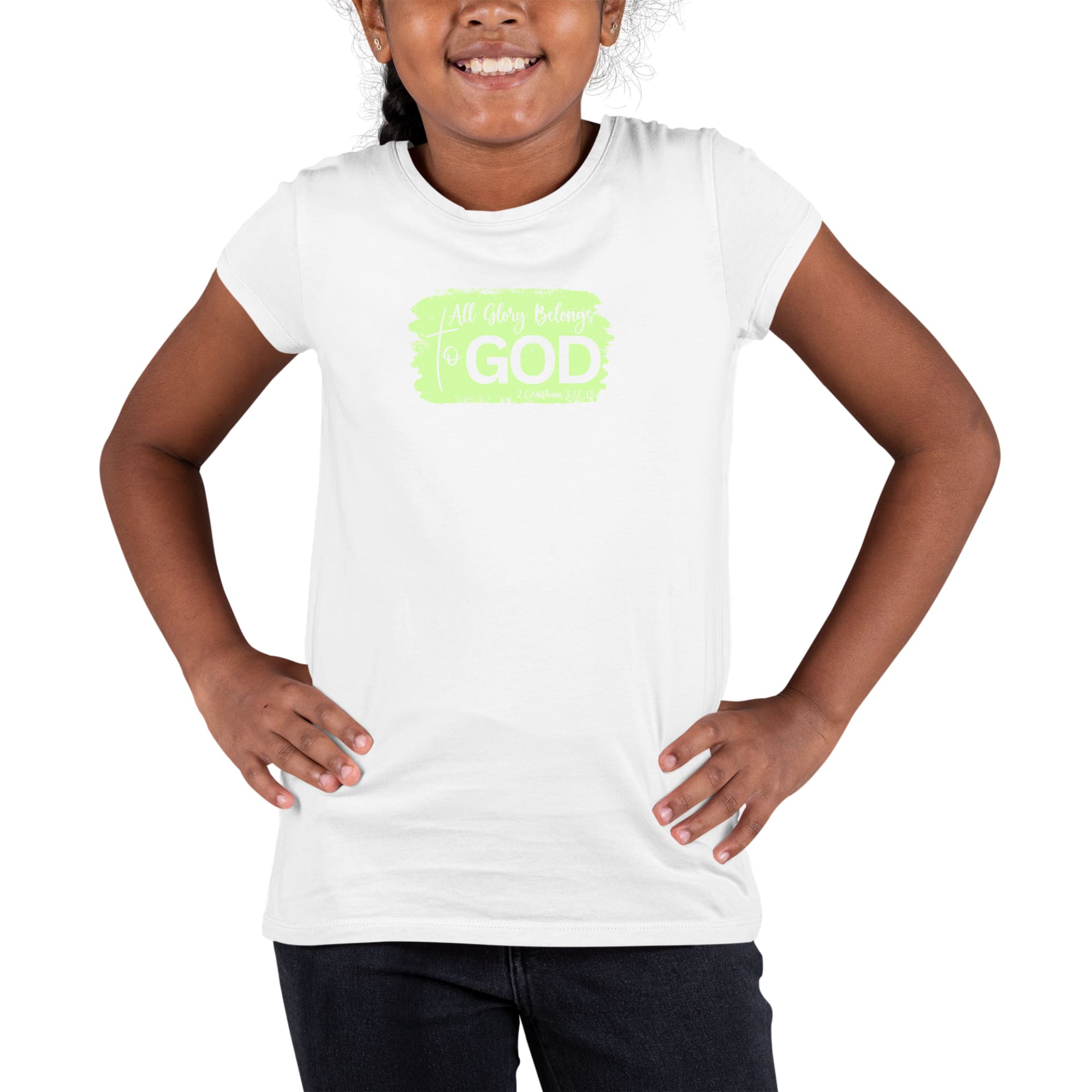 Youth Short Sleeve Graphic T-shirt featuring 'All Glory Belongs to God' neon illustration, made from soft preshrunk cotton.