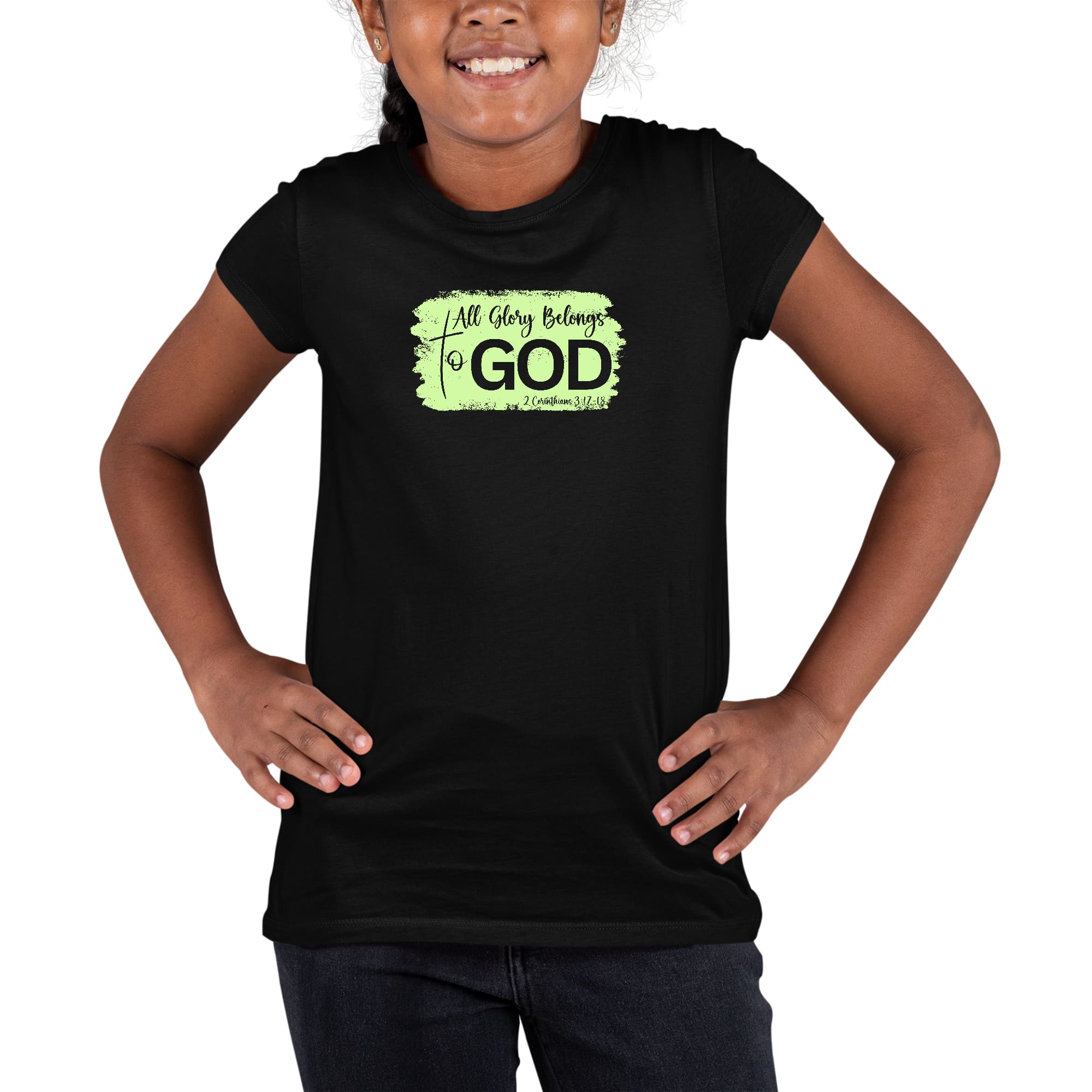 Youth Short Sleeve Graphic T-shirt featuring 'All Glory Belongs to God' neon illustration, made from soft preshrunk cotton.
