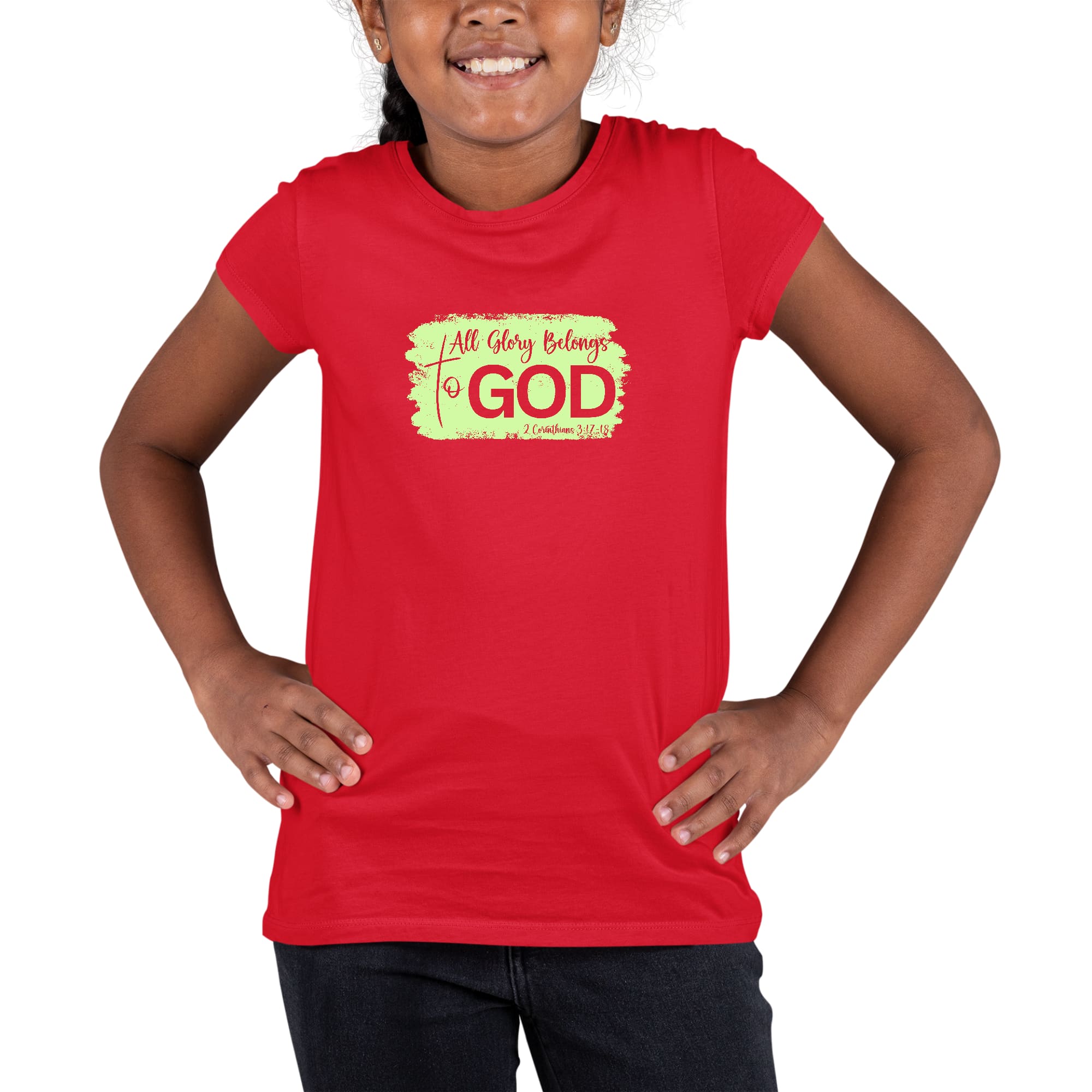 Youth Short Sleeve Graphic T-shirt featuring 'All Glory Belongs to God' neon illustration, made from soft preshrunk cotton.