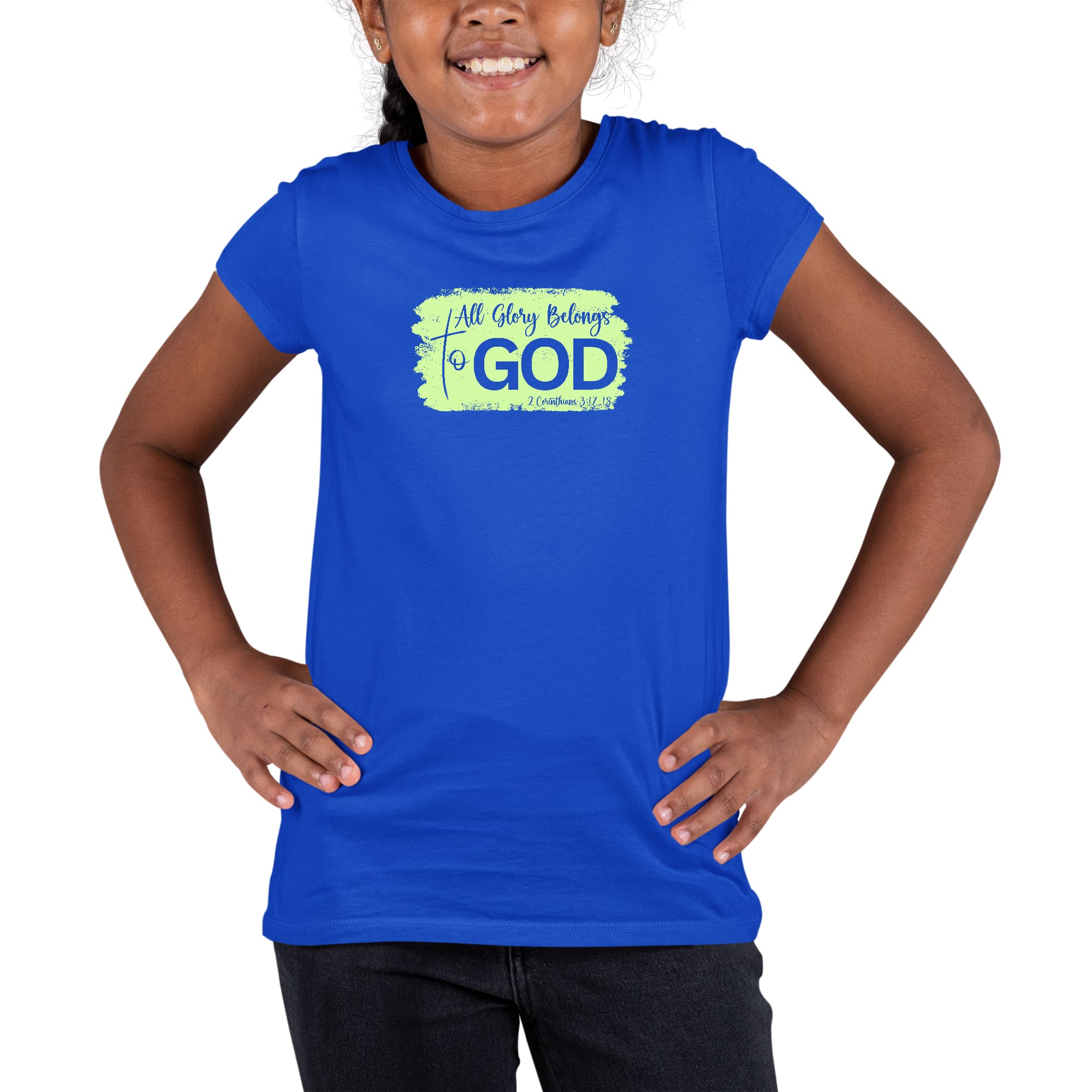Youth Short Sleeve Graphic T-shirt featuring 'All Glory Belongs to God' neon illustration, made from soft preshrunk cotton.