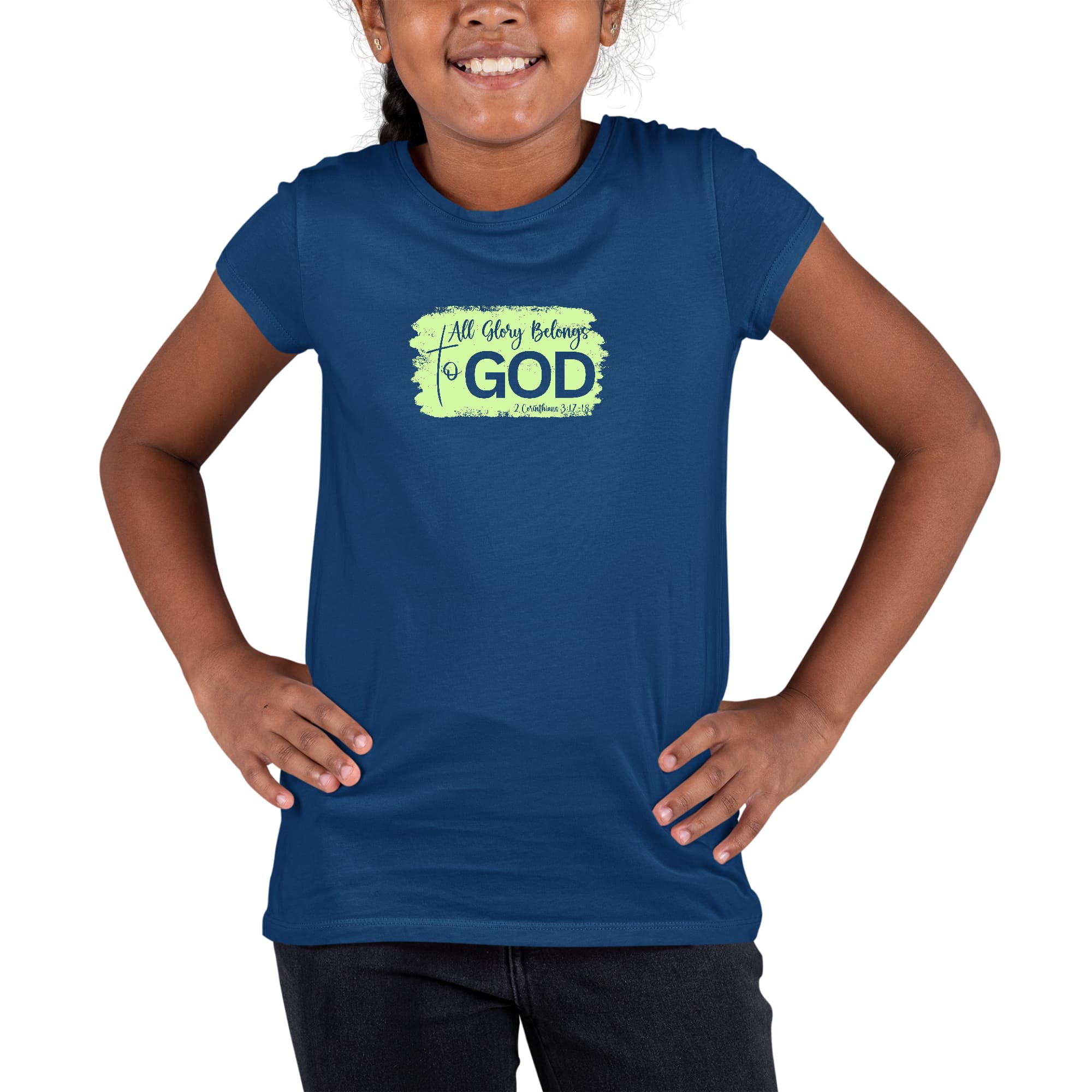 Youth Short Sleeve Graphic T-shirt featuring 'All Glory Belongs to God' neon illustration, made from soft preshrunk cotton.