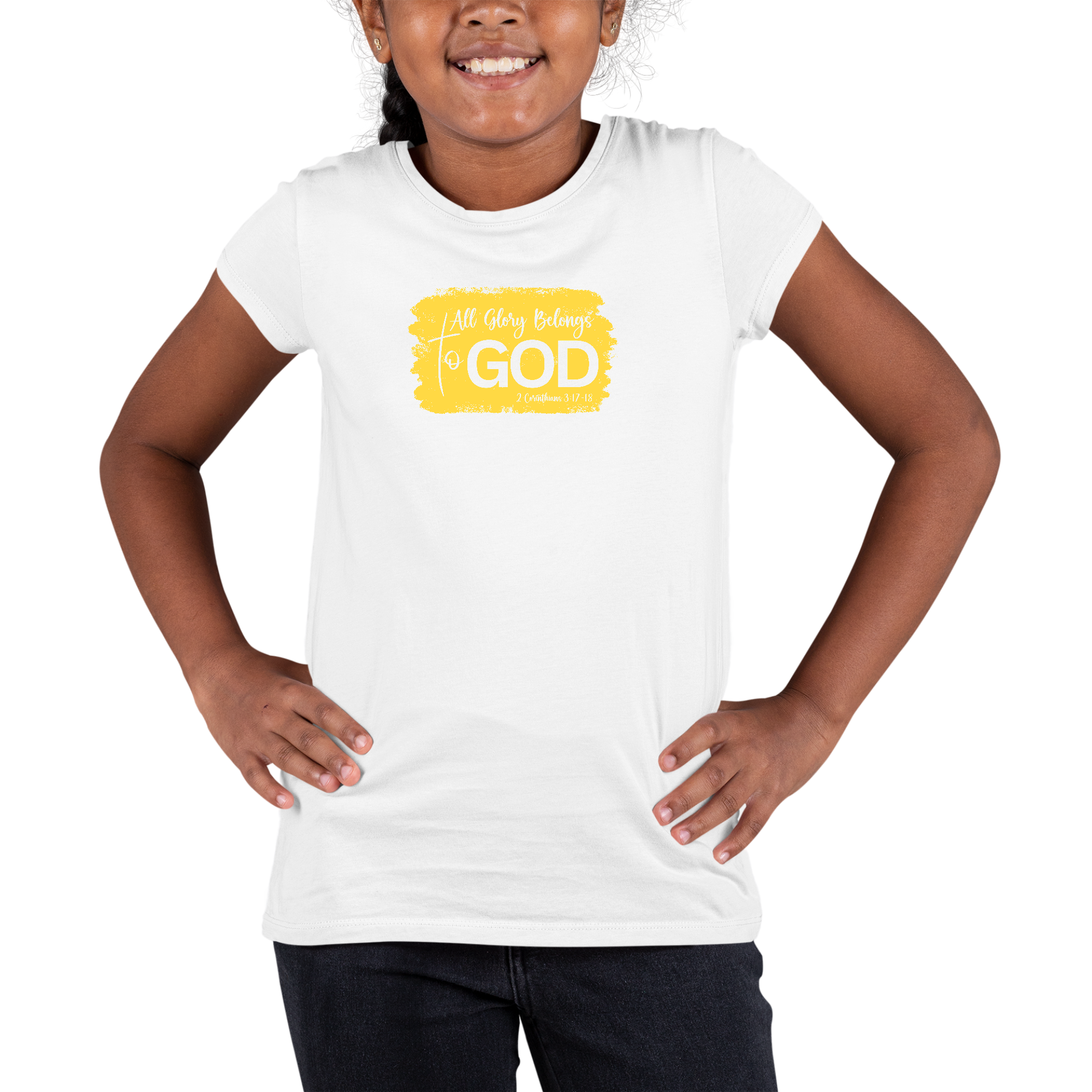 Youth Short Sleeve Graphic T-shirt in yellow with 'All Glory Belongs to God' design, made from soft preshrunk cotton.
