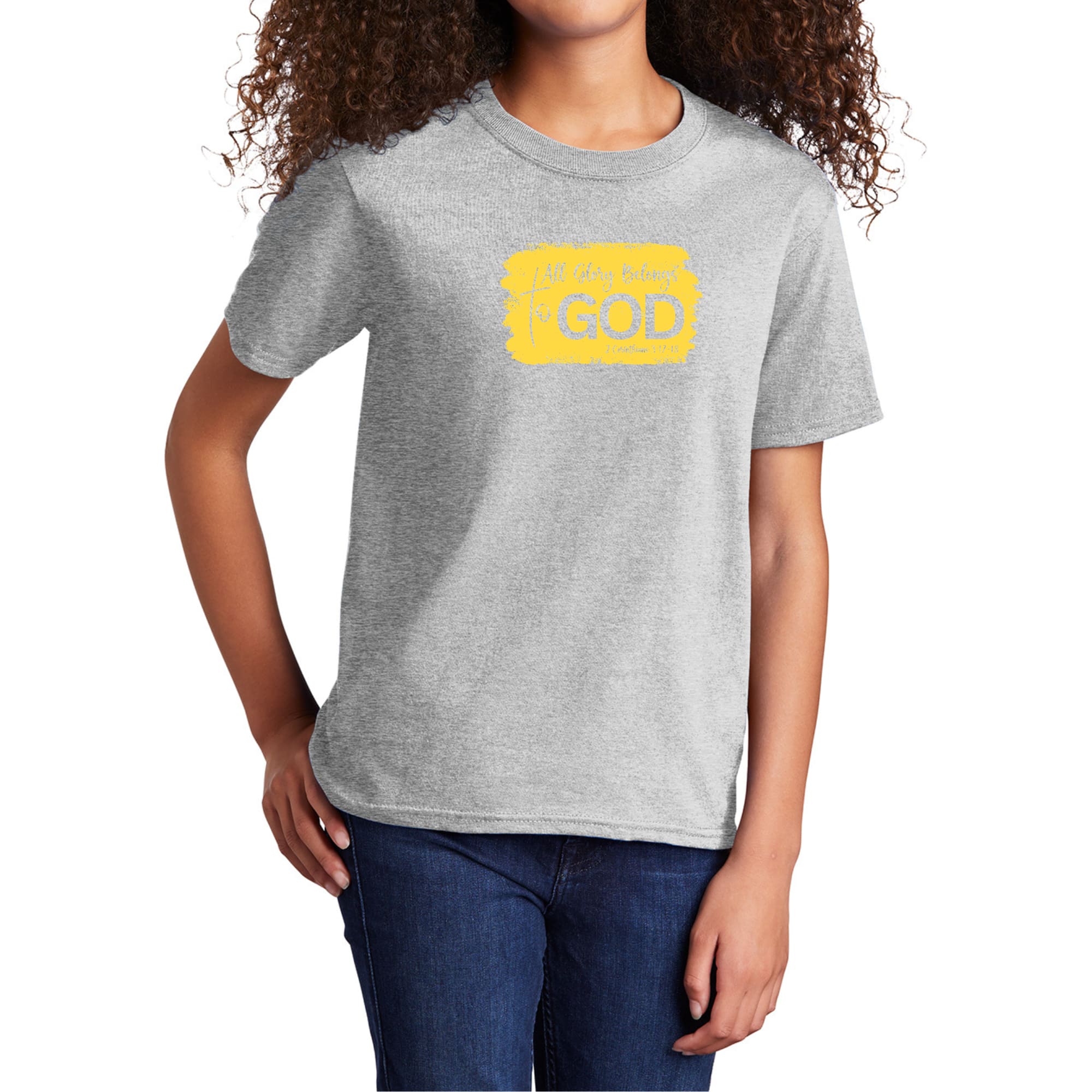 Youth Short Sleeve Graphic T-shirt in yellow with 'All Glory Belongs to God' design, made from soft preshrunk cotton.