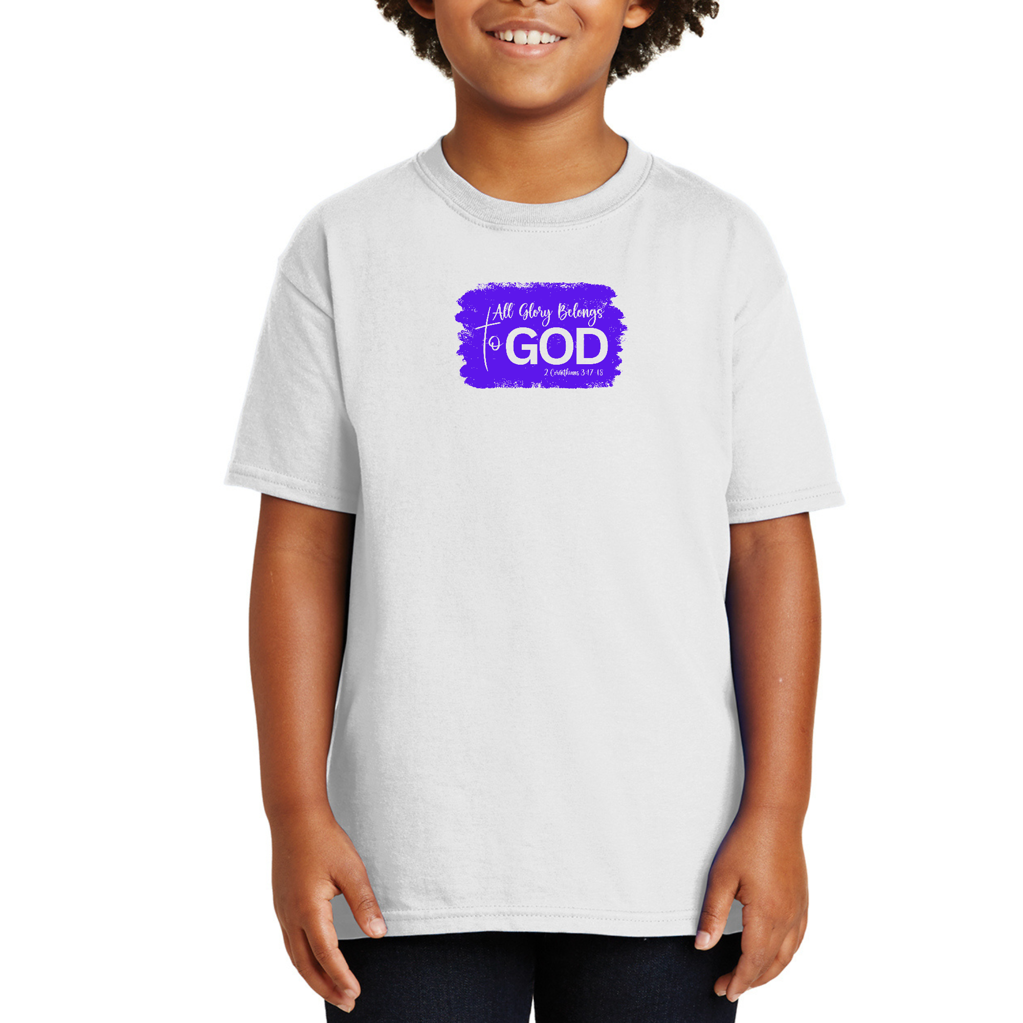 Youth Short Sleeve Graphic T-shirt in purple with 'All Glory Belongs to God' Christian illustration, made from soft preshrunk cotton.