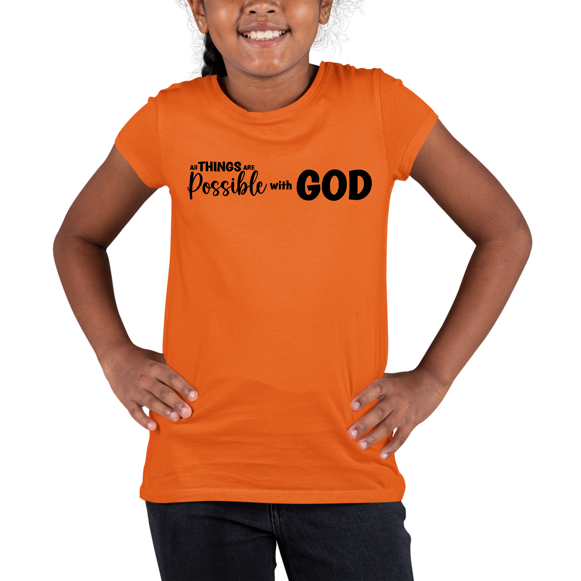 Youth short sleeve graphic t-shirt in black with 'All Things Are Possible With God' printed design, showcasing a comfortable fit and quality fabric.
