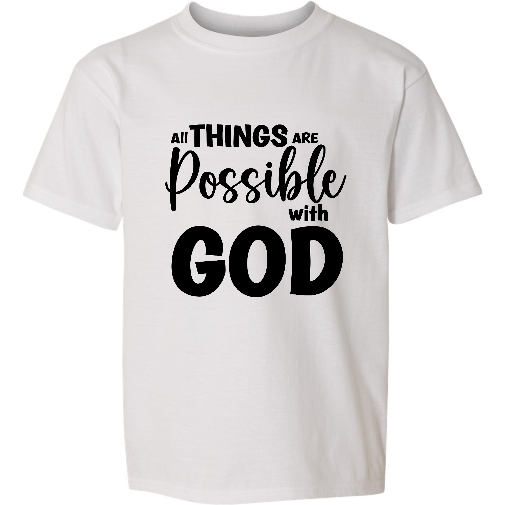 Black youth graphic t-shirt featuring the text 'All Things are Possible with God', designed for comfort and durability.