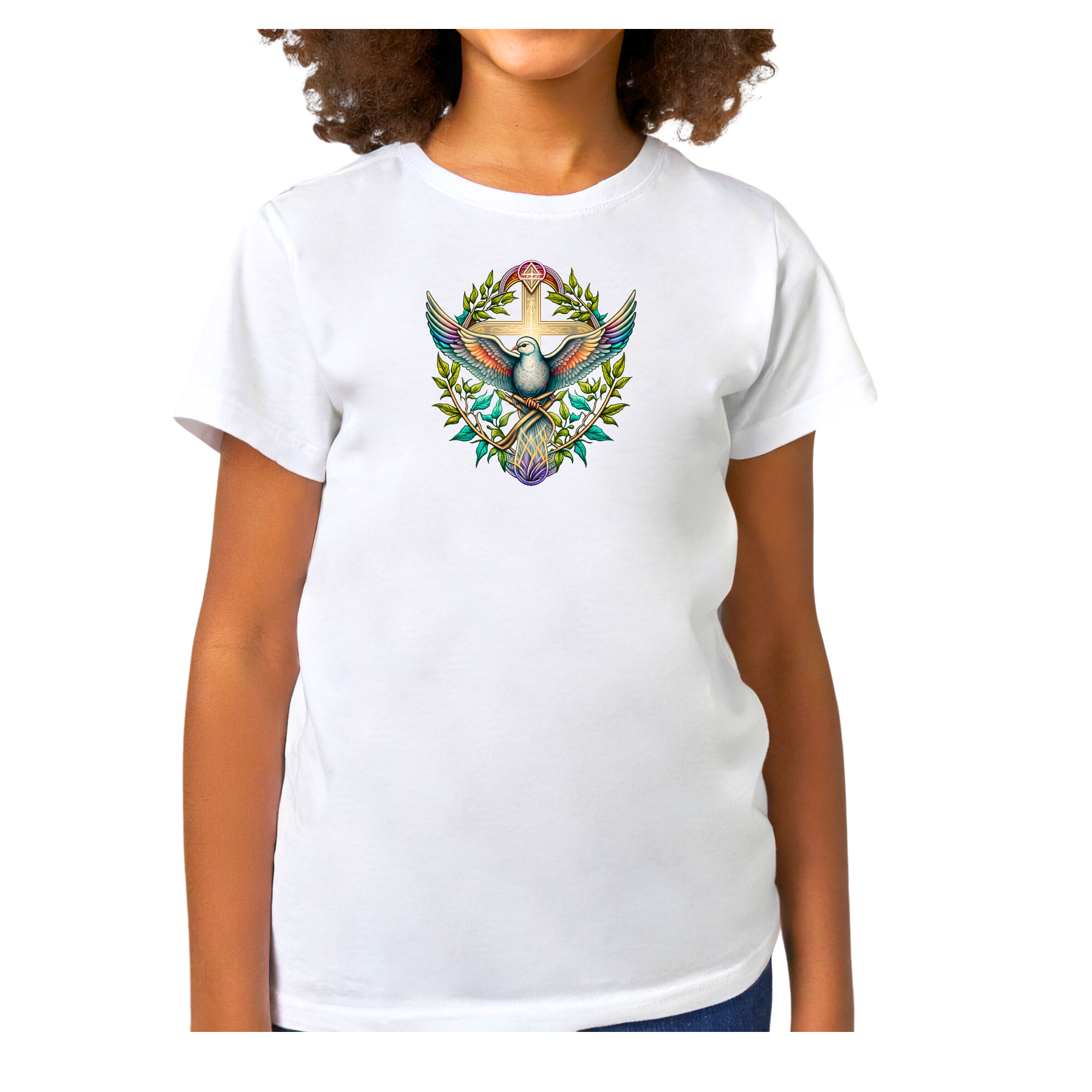 Youth short sleeve graphic T-shirt in blue-green with multicolor dove floral illustration, made from soft preshrunk cotton.