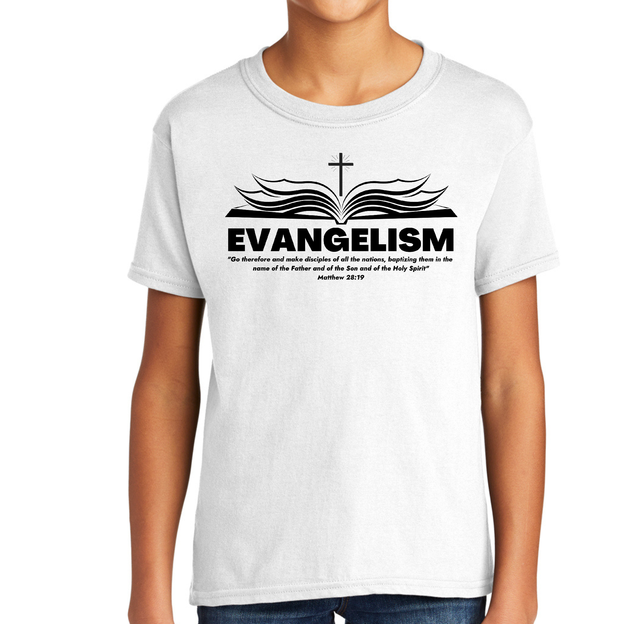 Youth Short Sleeve Graphic T-shirt featuring the message 'Go Therefore and Make', made from soft preshrunk cotton, suitable for men and women.