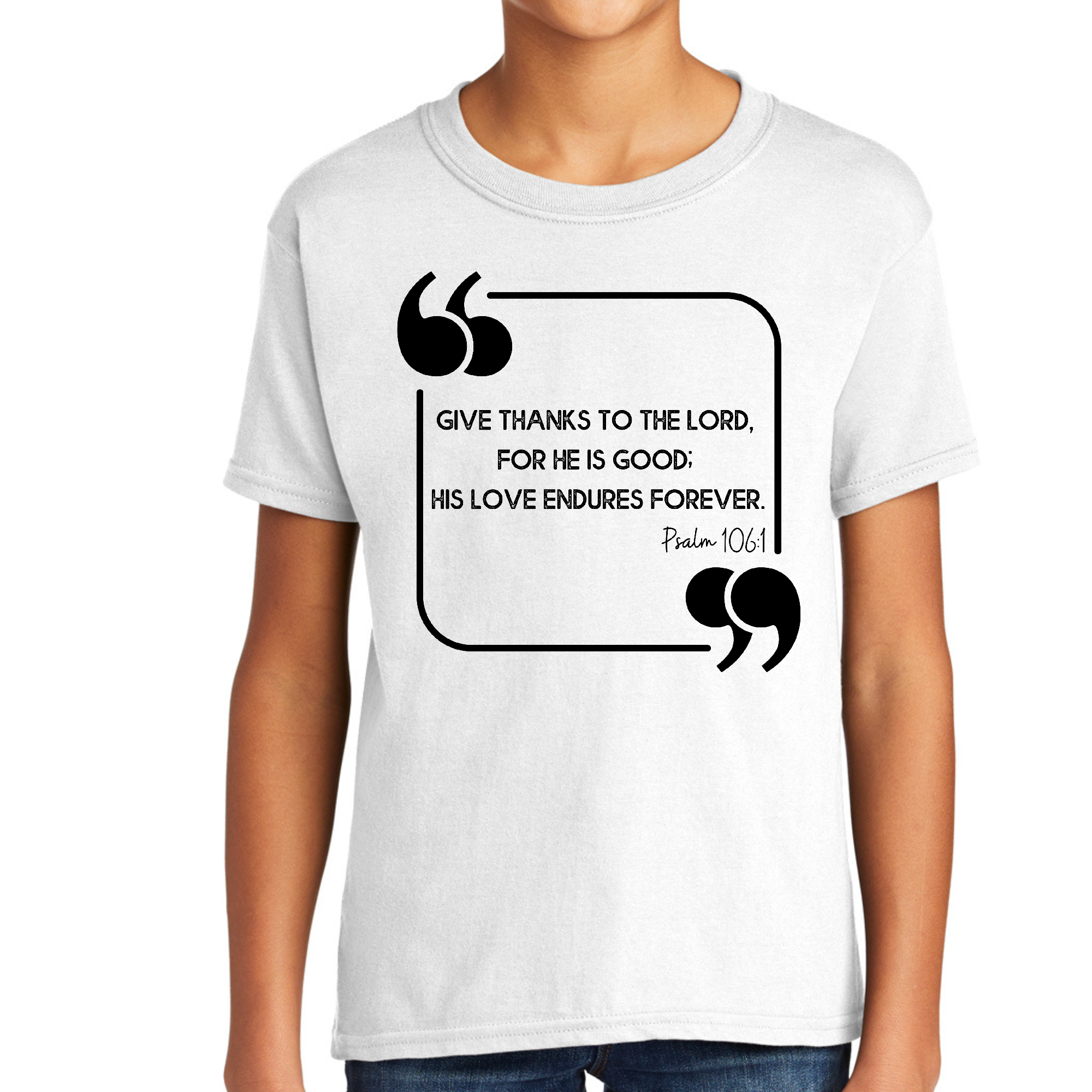 Youth Short Sleeve Graphic T-shirt in black featuring 'Give Thanks to the Lord' design, made from soft preshrunk cotton.