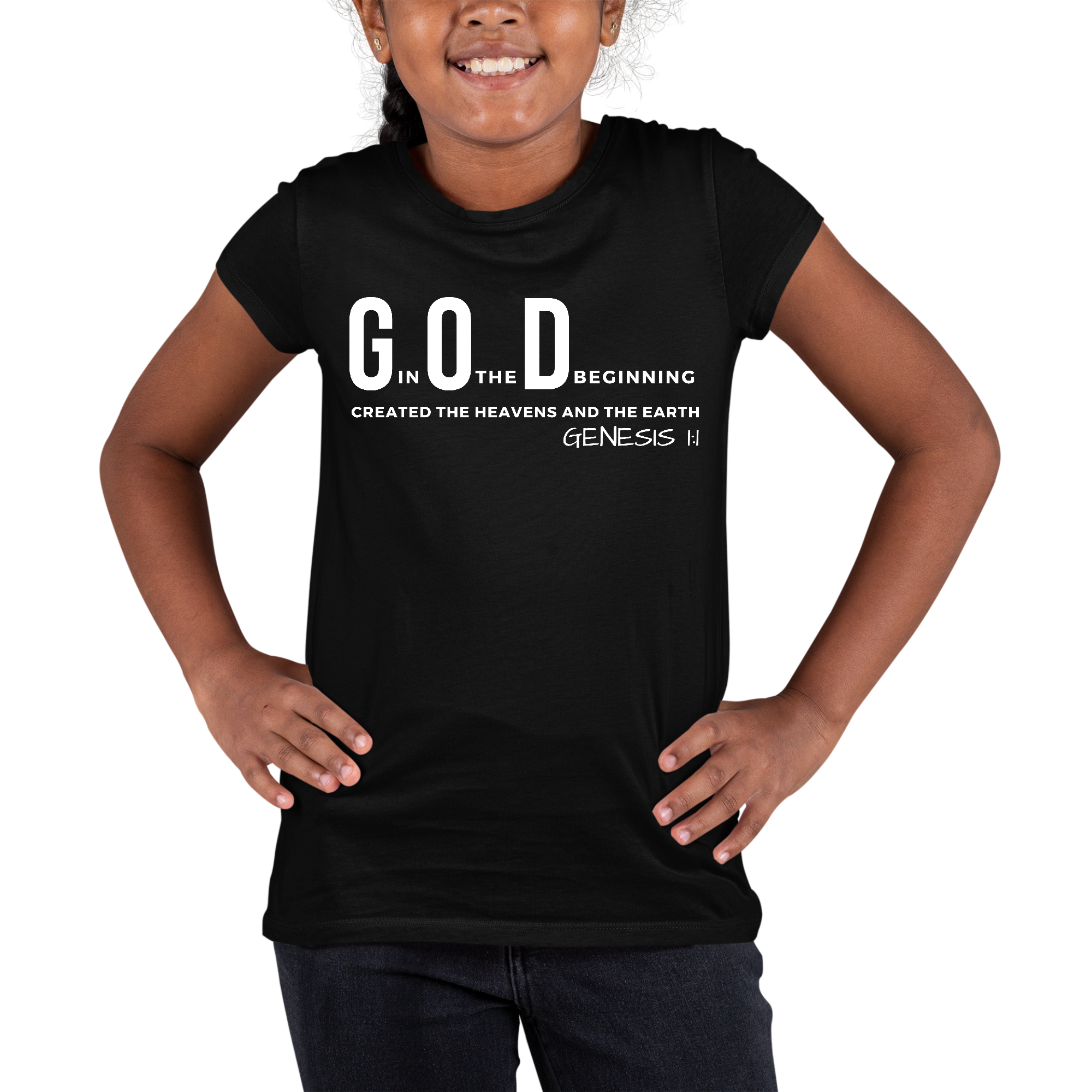 Youth Short Sleeve Graphic T-shirt featuring 'God in the Beginning' print, made from soft preshrunk cotton, ideal for comfort and style.