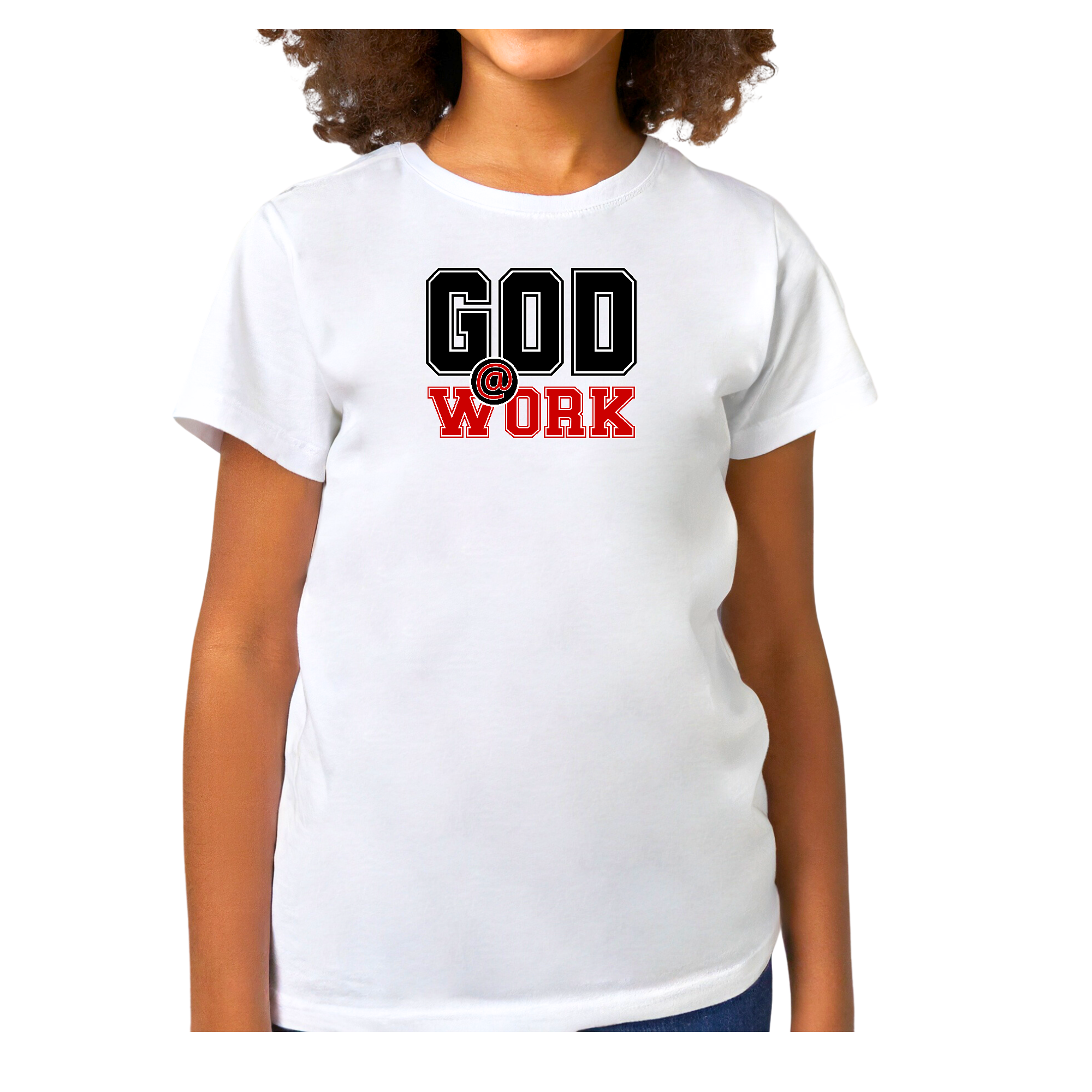 Youth short sleeve graphic T-shirt featuring God @ Work print in black and red, made from soft preshrunk cotton.