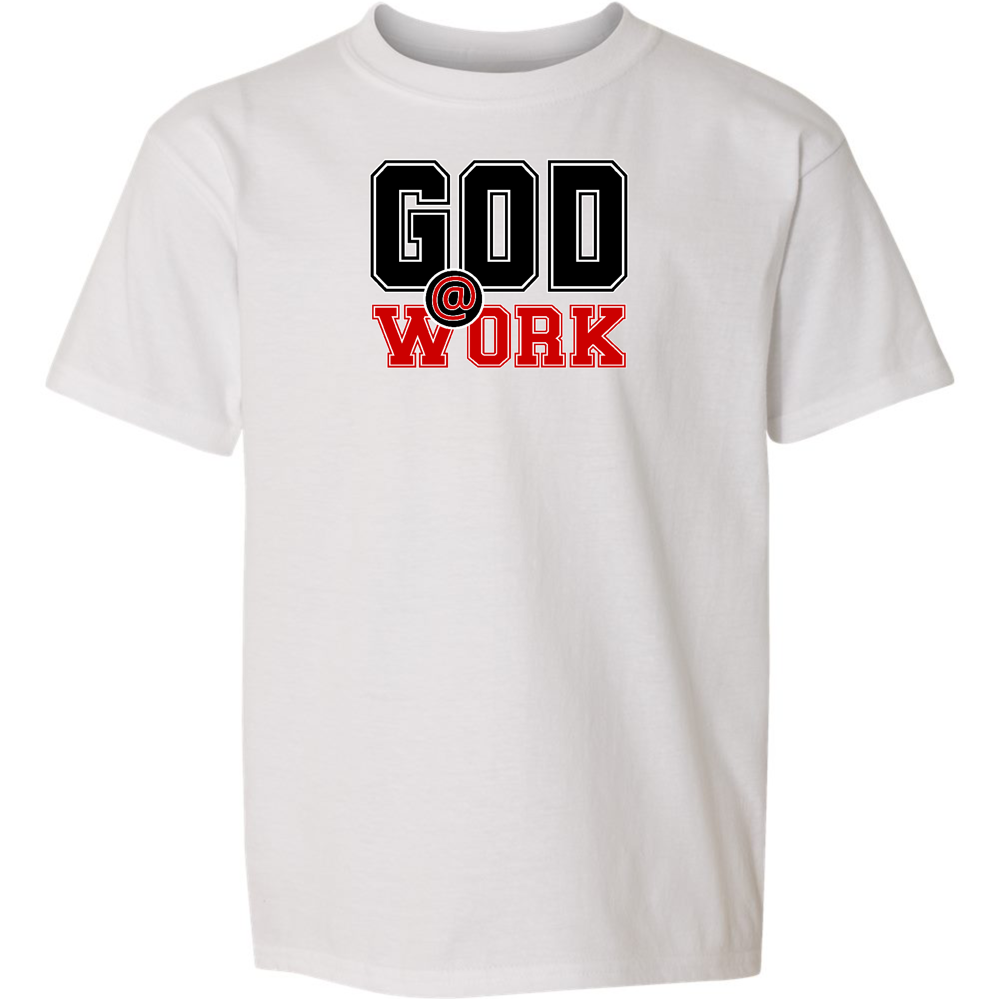 Youth Short Sleeve Graphic T-shirt in black and red with God @ Work print, made from soft preshrunk cotton, perfect for casual wear.