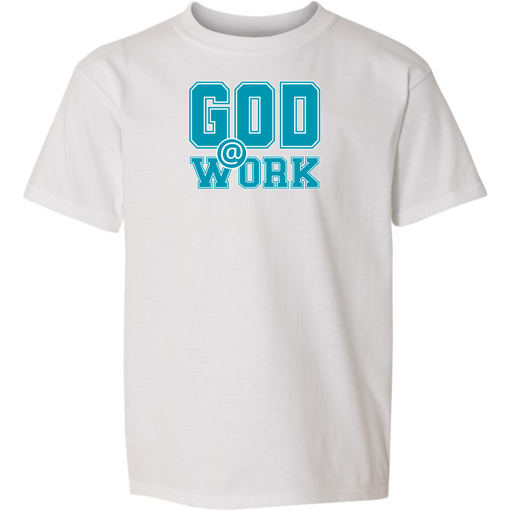 Youth Short Sleeve Graphic T-shirt in blue, green, and white with 'God @ Work' print, showcasing a comfortable and stylish design.