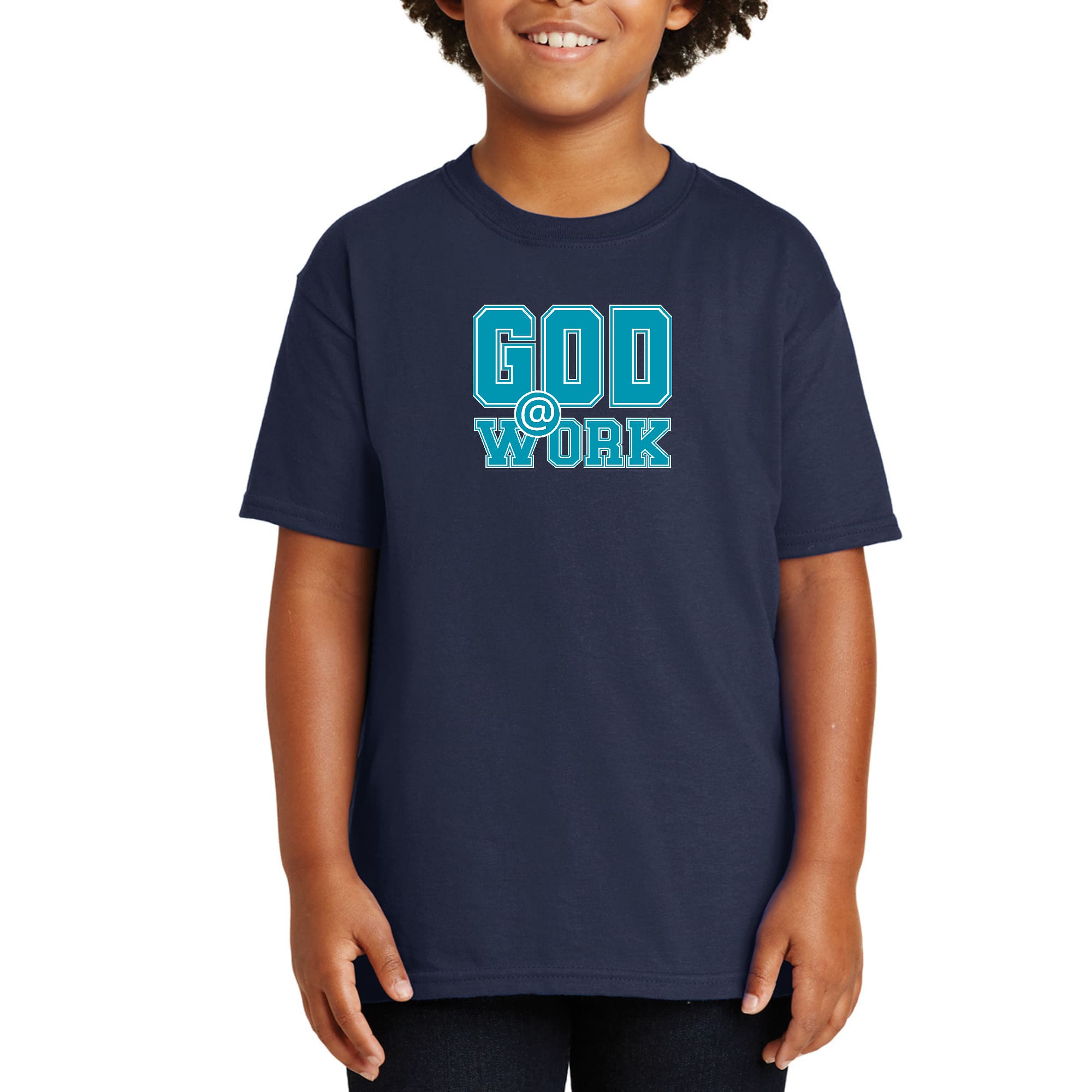 Youth Short Sleeve Graphic T-shirt in blue, green, and white with 'God @ Work' print, showcasing a comfortable and stylish design.