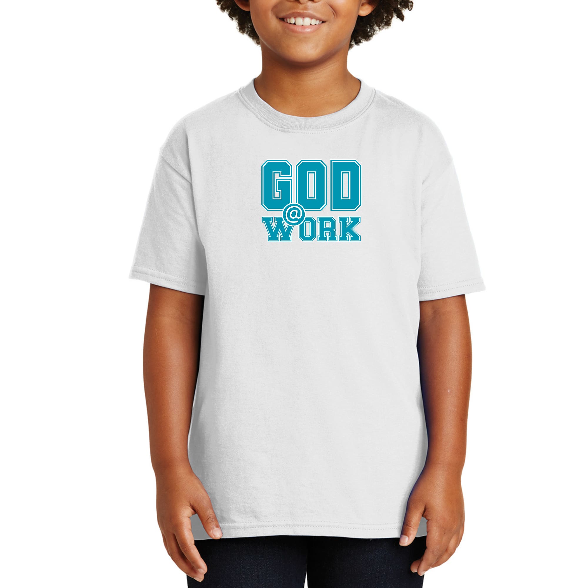 Youth Short Sleeve Graphic T-shirt in blue, green, and white with 'God @ Work' print, showcasing a comfortable and stylish design.