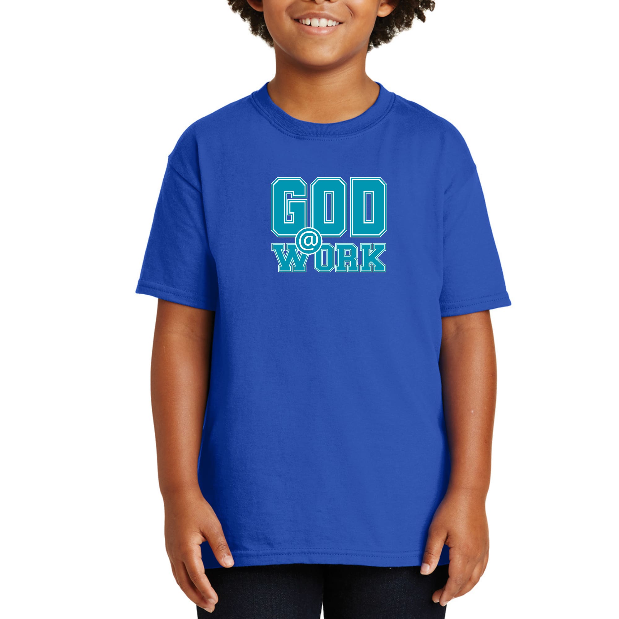 Youth Short Sleeve Graphic T-shirt in blue, green, and white with 'God @ Work' print, showcasing a comfortable and stylish design.