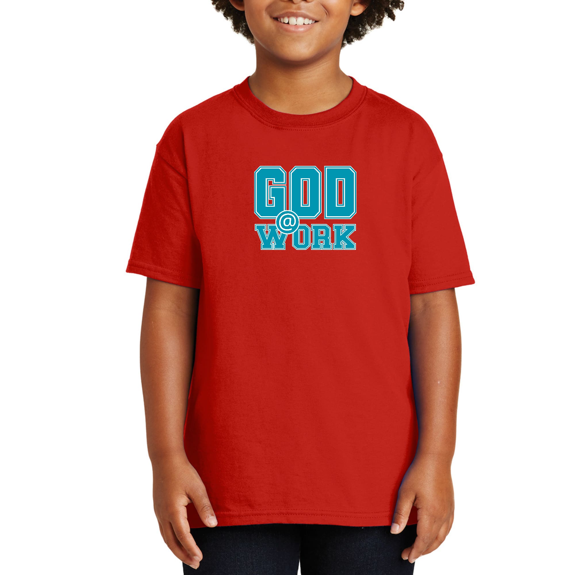 Youth Short Sleeve Graphic T-shirt in blue, green, and white with 'God @ Work' print, showcasing a comfortable and stylish design.