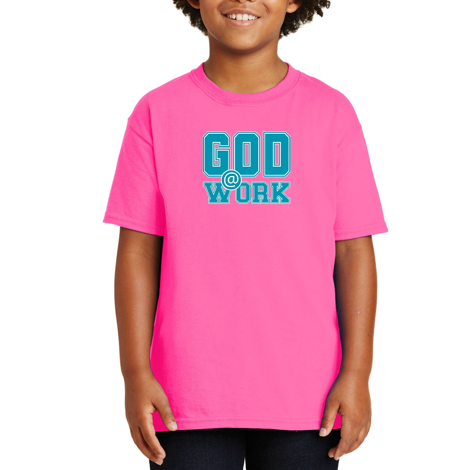 Youth Short Sleeve Graphic T-shirt in blue, green, and white with 'God @ Work' print, showcasing a comfortable and stylish design.