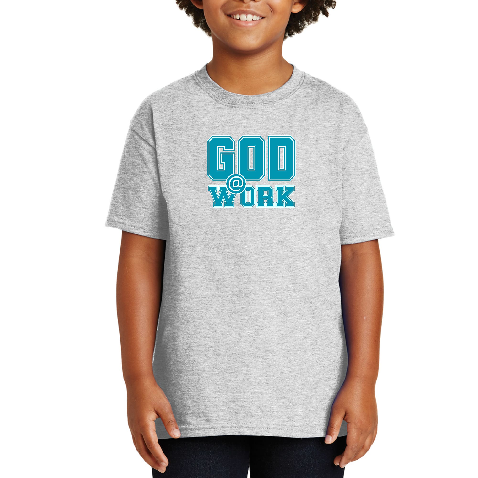 Youth Short Sleeve Graphic T-shirt in blue, green, and white with 'God @ Work' print, showcasing a comfortable and stylish design.